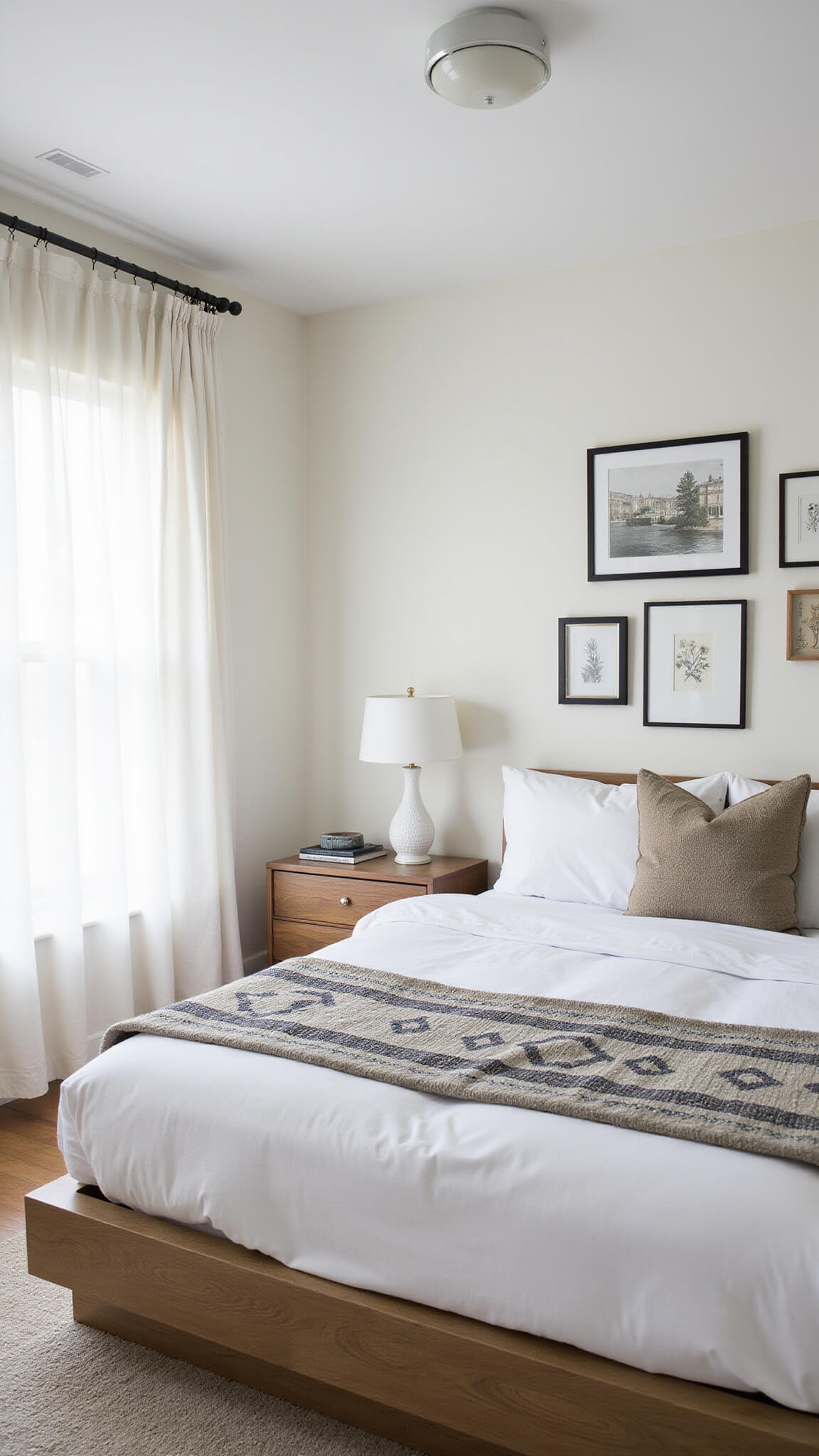 Modern master bedroom with platform bed in white linens, Moroccan wedding blanket, mid-century nightstands, ceramic lamps, and gallery wall in soft morning light.
