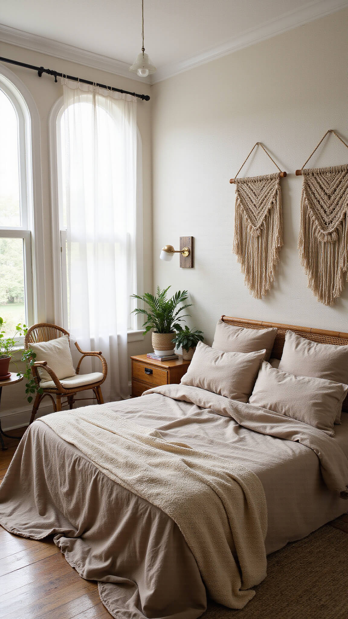 Cozy bedroom with rumpled linen bedding, woven headboard, macramé decor, arched windows with sheer curtains, plants on bedside tables, and a vintage rattan chair in morning light.