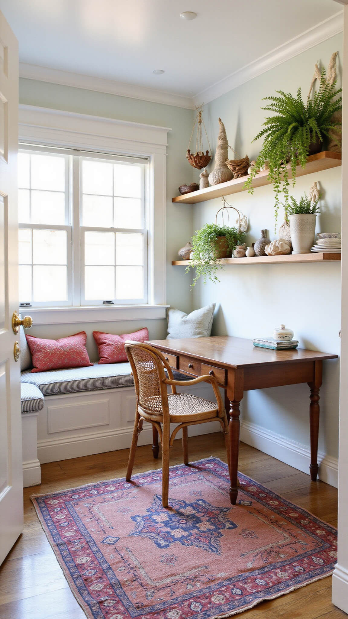 Cozy 10'x12' home office with walnut desk, rattan chair, window seat, vintage rugs, floating shelves, and hanging plants in soft morning light.