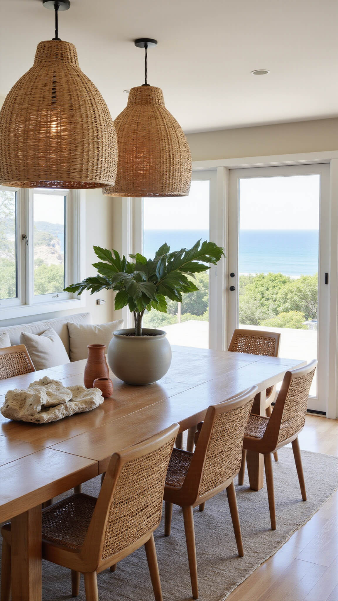 Open-concept dining area with ocean view, featuring reclaimed teak table, mixed seating, large pendant lights, and floor-to-ceiling windows.