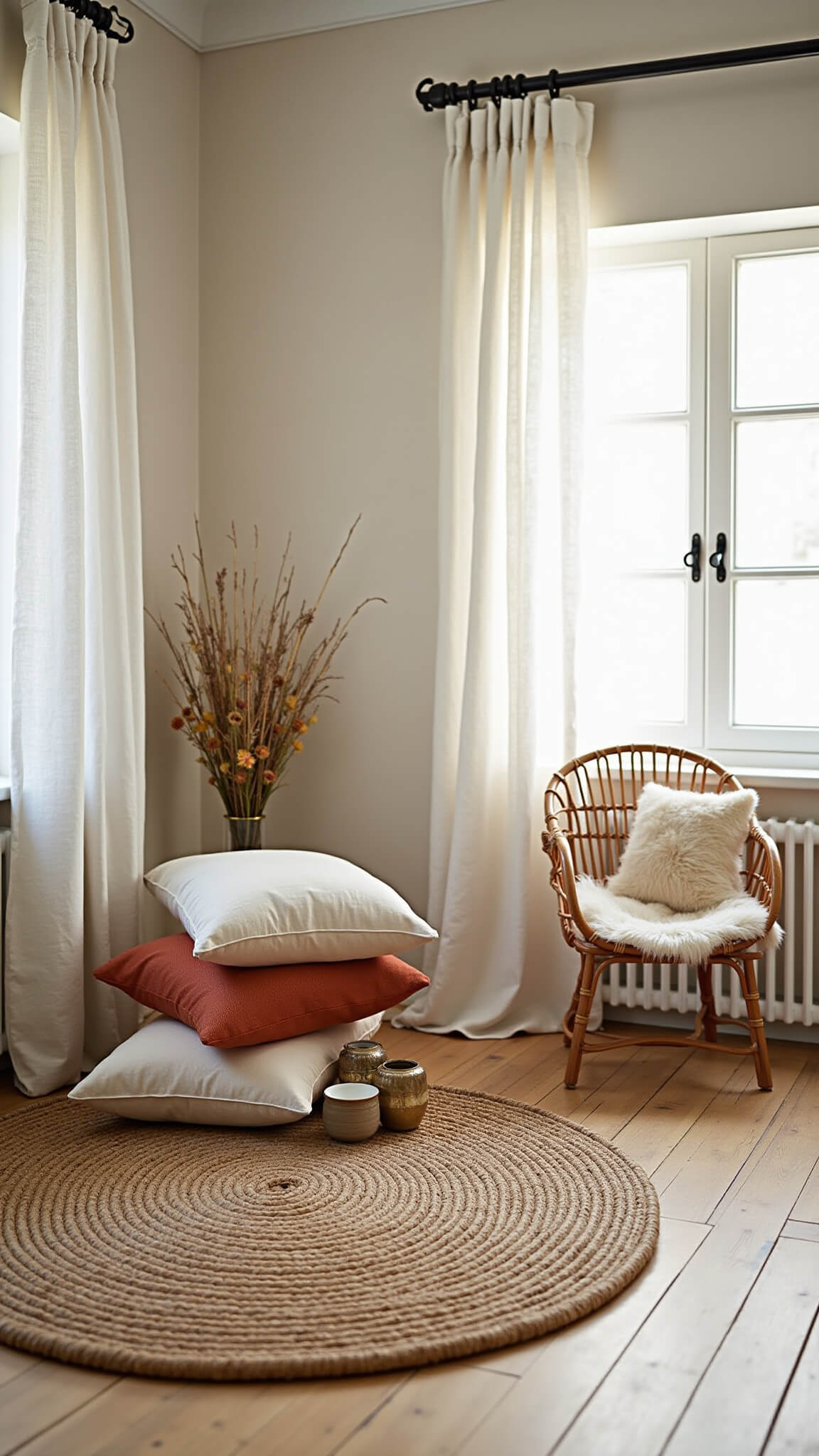 Meditation corner with jute rug, Moroccan cushions, hanging rattan chair, dried botanicals, and soft morning light filtered through linen curtains.