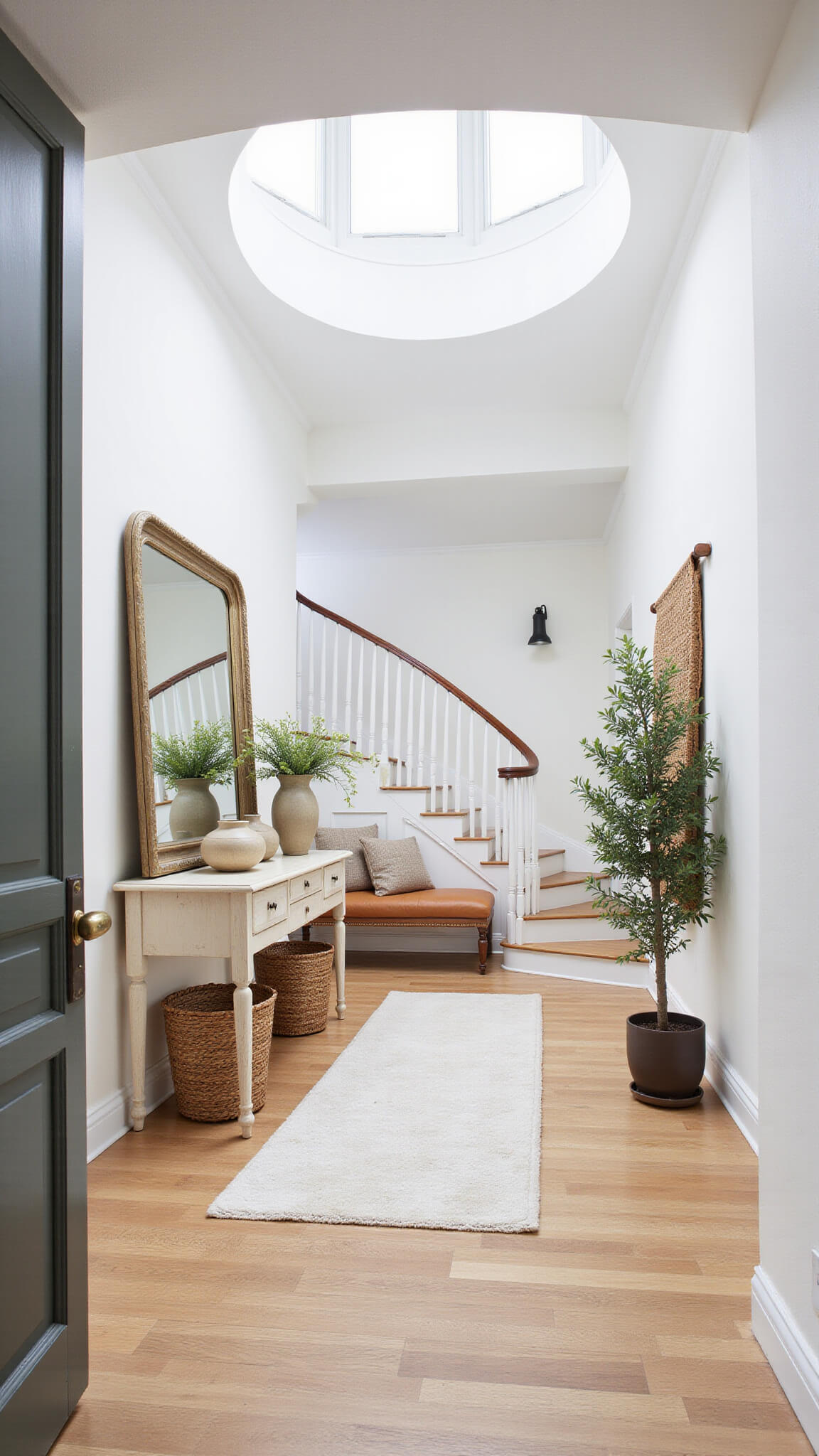 Spacious 14'x16' entryway with curved staircase, skylight, vintage console table, mirror, ceramic decor, built-in bench with cushions and baskets, wall hanging, and potted olive tree.