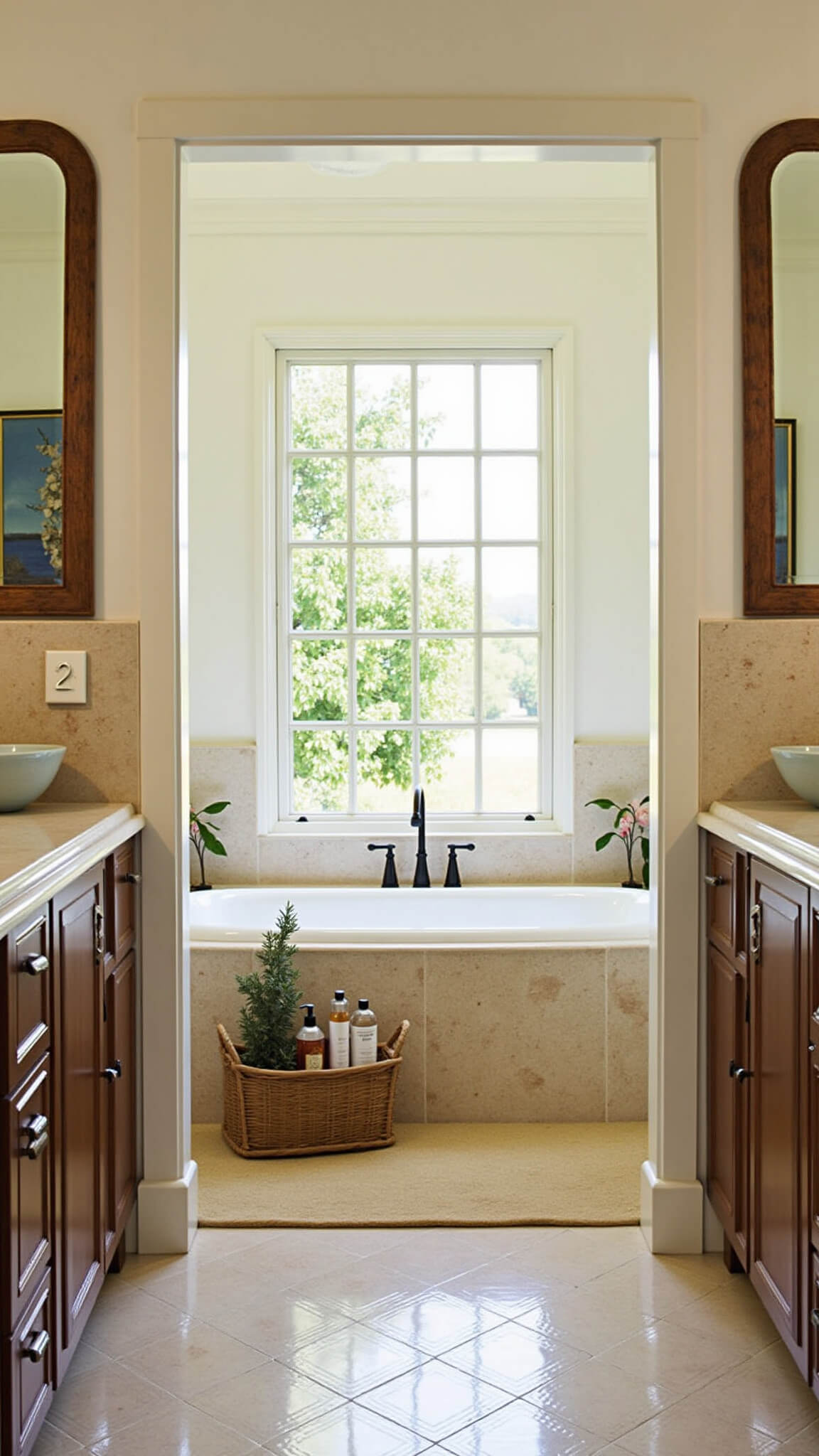 Luxurious primary bathroom with soaking tub under sunlit window, natural stone vanity, vessel sinks, and eucalyptus bundles.
