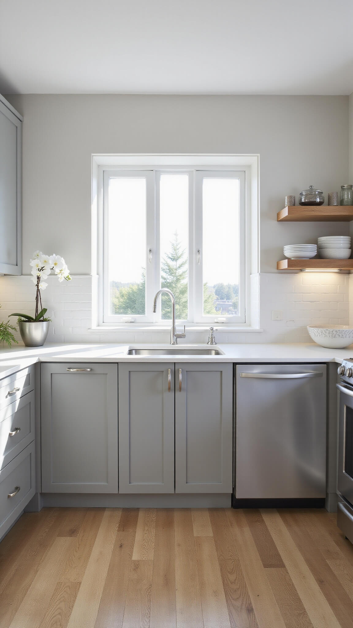 Contemporary 15x20ft kitchen with matte dove grey handleless cabinets, white quartz countertops, stainless steel appliances, and natural oak flooring, bathed in morning sunlight.