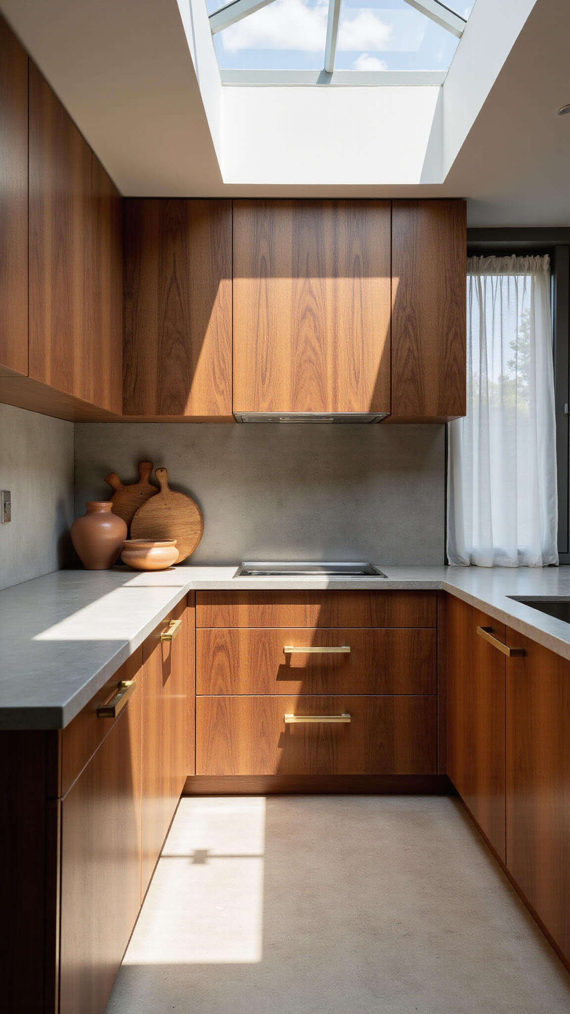 Overhead view of modern 12x15ft walnut kitchen with finger-pull cabinets, concrete countertops, brass appliance accents, and soft natural light casting shadows through sheer curtains.