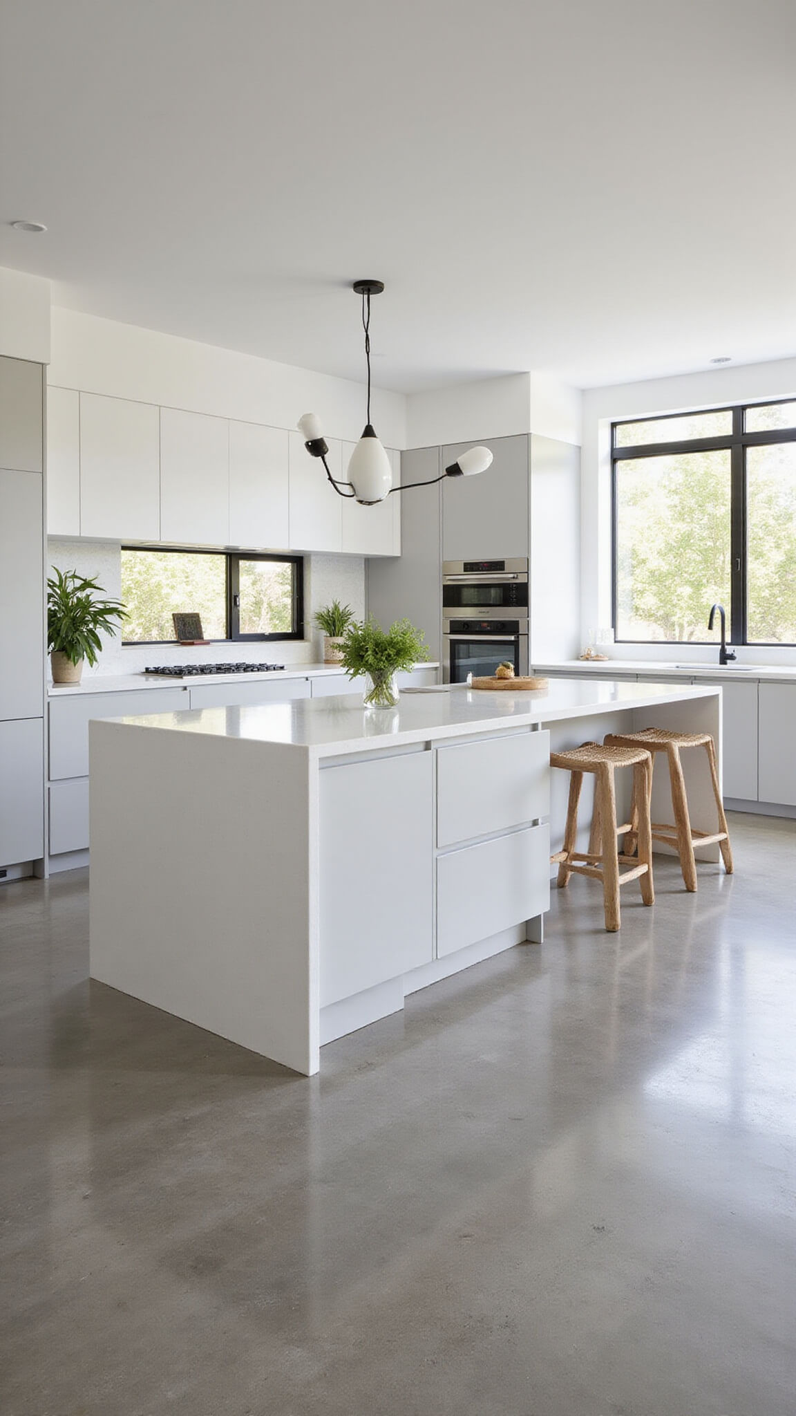 Open-concept kitchen with mixed-finish handleless cabinets, white Corian waterfall island, woven pendants, and polished concrete floors flooded with afternoon light.