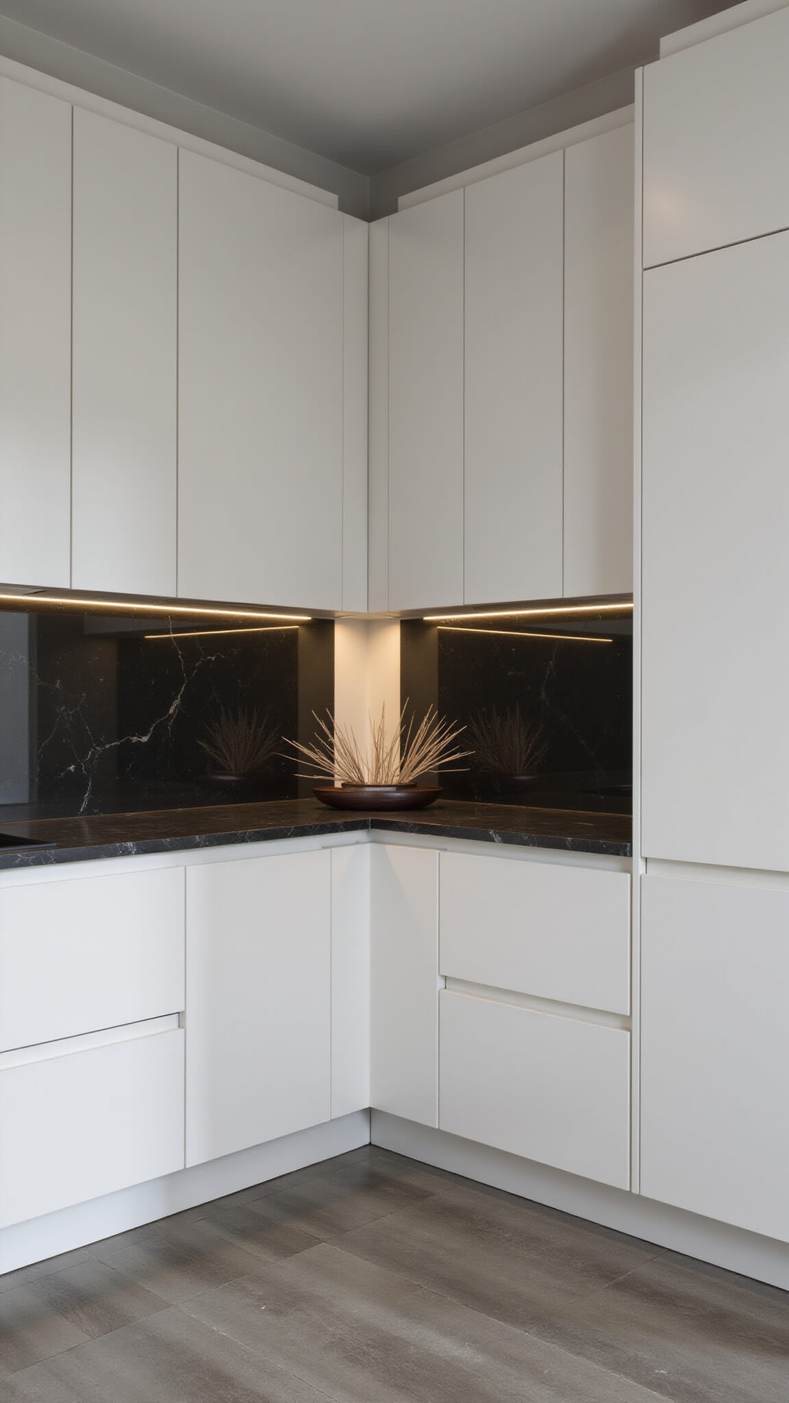 Minimalist 16x18ft kitchen with winter white handleless cabinets, black marble countertops, smokey mirror backsplash, LED-lit recesses, and ikebana arrangement on warm grey porcelain flooring.