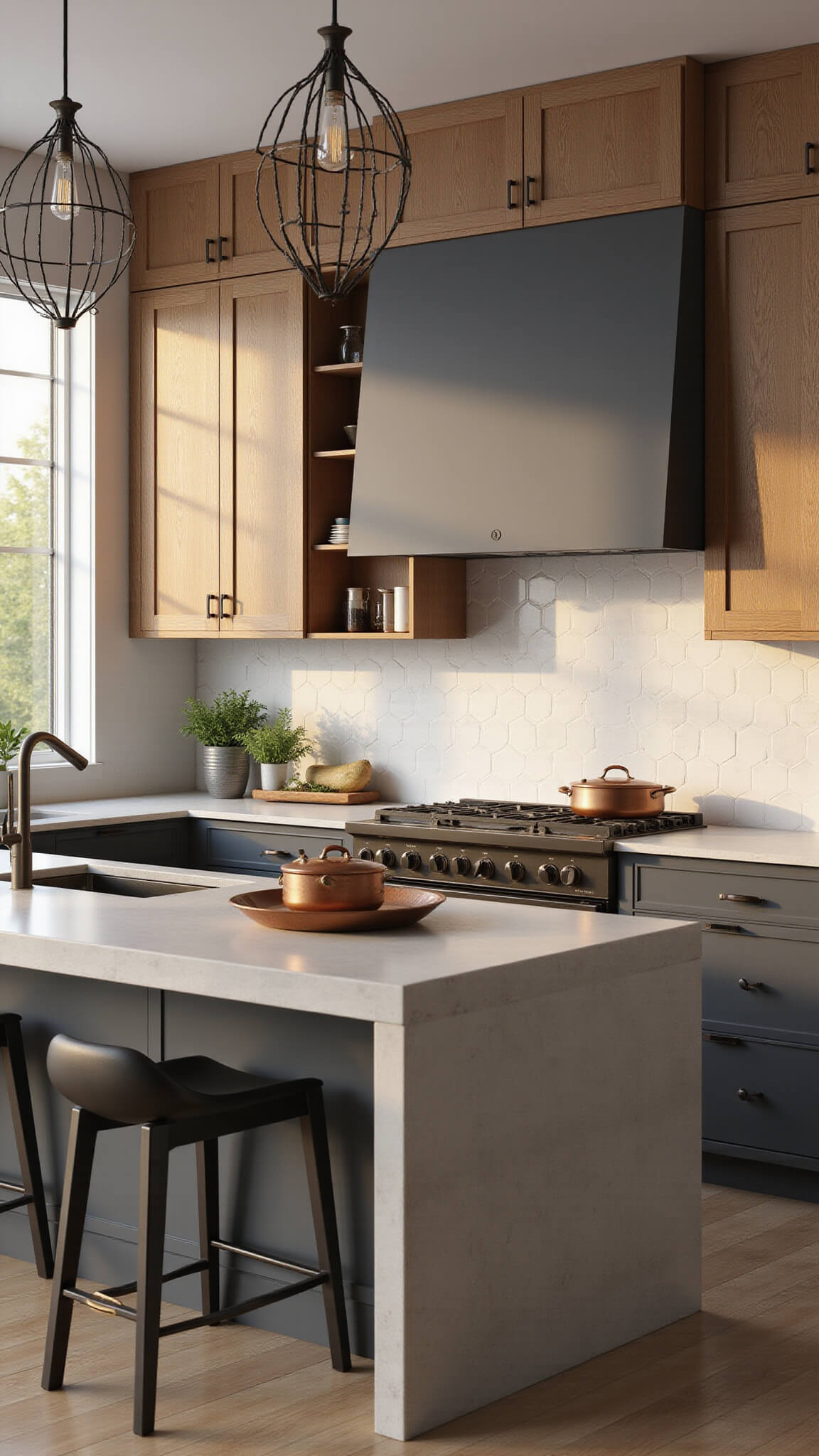 Modern 14x16ft kitchen with two-tone charcoal and oak handleless cabinets, concrete waterfall island, brushed bronze accents, white hex tile backsplash, copper cookware, and golden hour lighting through large windows.