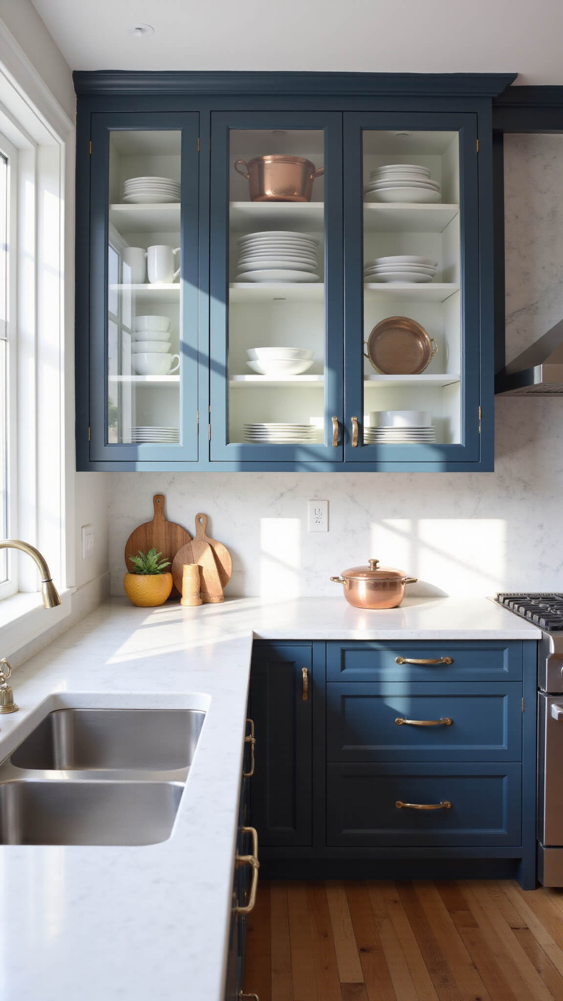 Bright contemporary kitchen with glass cabinets, white quartz countertops, and organized ceramic and copper dishware in soft morning light.