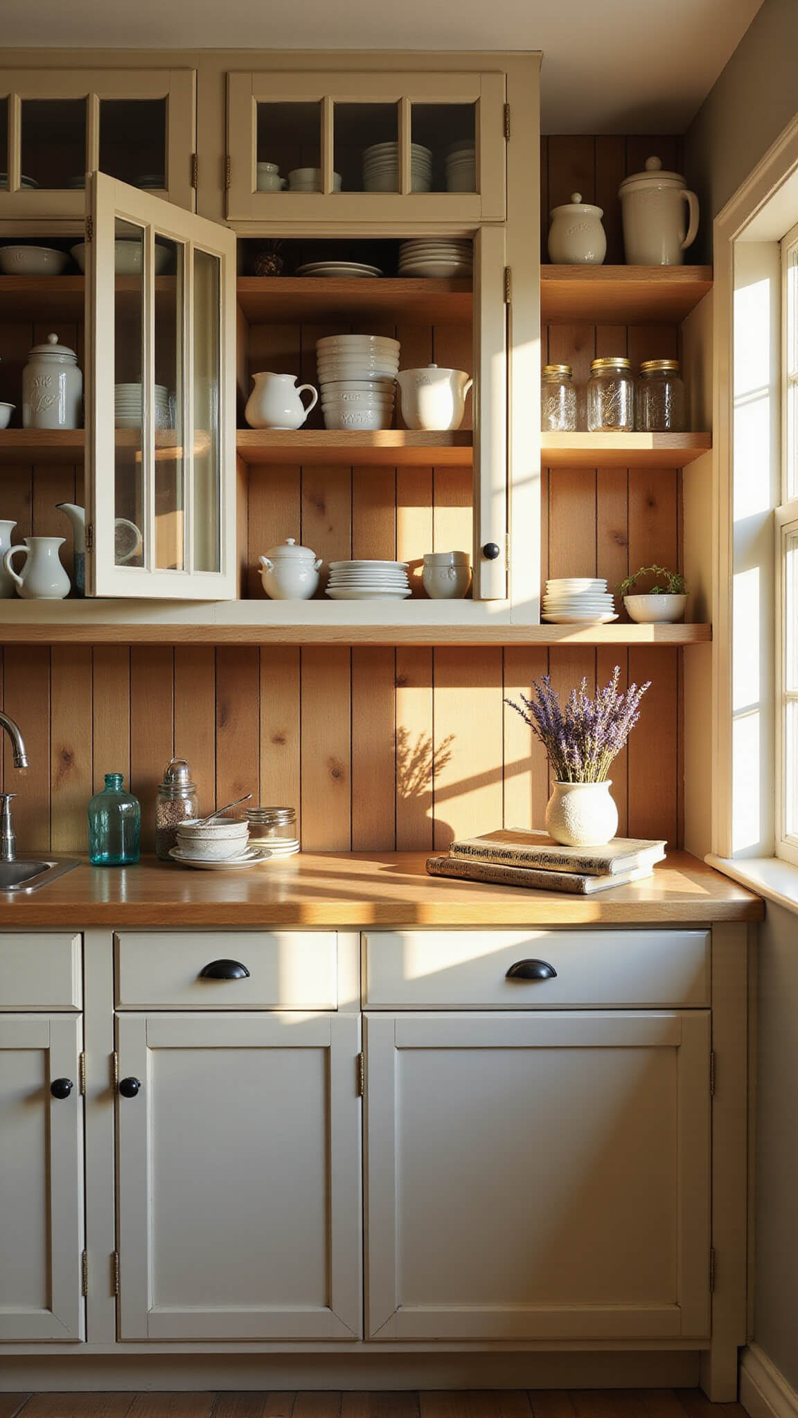 Cozy farmhouse kitchen with vintage glass cabinets, cream pottery, and warm golden-hour lighting.