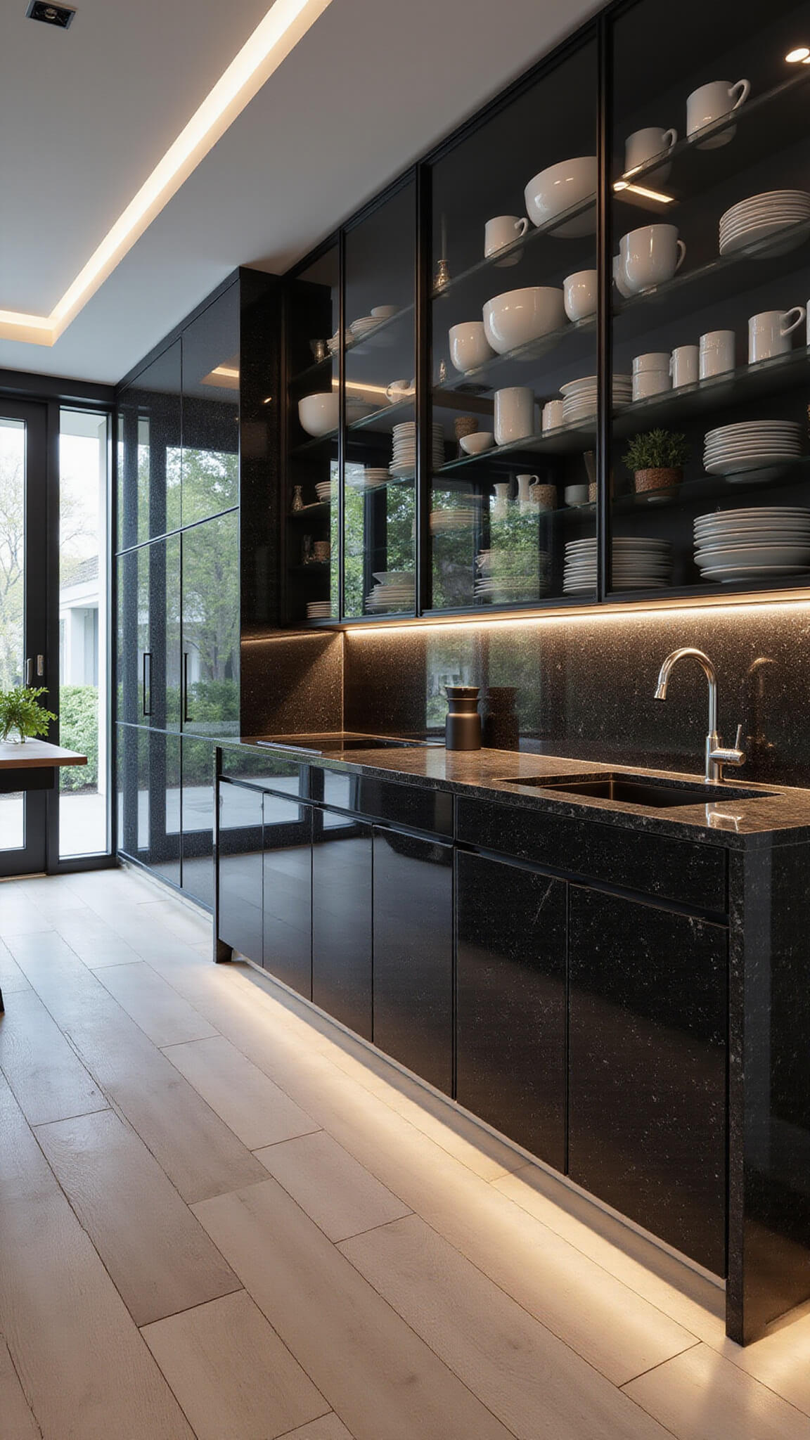 Modern minimalist kitchen with black marble counters, glass cabinets, white oak floors, and trailing plants, viewed from above at midday with soft, moody lighting.