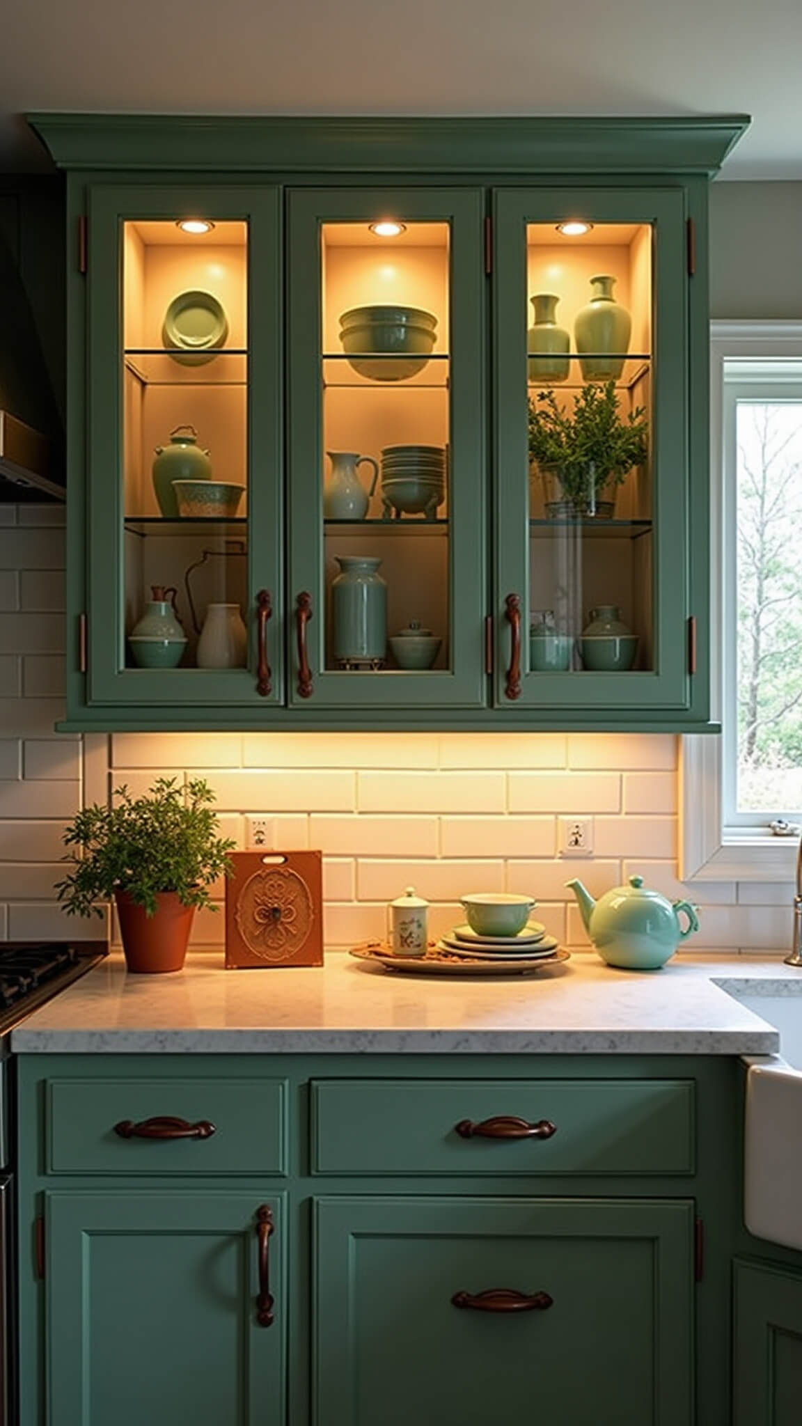 Cozy 8x10ft cottage kitchen with sage green glass-front cabinets displaying jadeite, warm copper pendant lights, white subway tile backsplash, and terracotta pots with fresh herbs at dusk.