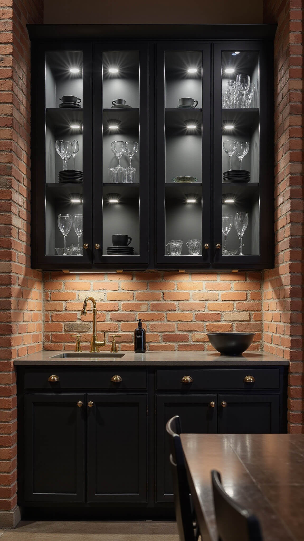 Industrial-chic loft kitchen with black-framed glass cabinets, exposed brick walls, and brass fixtures, dramatically lit at night.