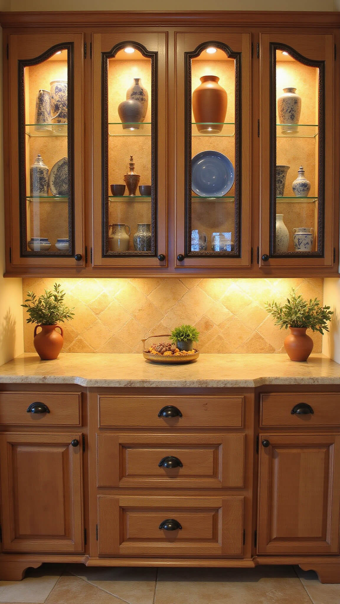 Mediterranean-style kitchen at sunset with arched glass cabinets displaying terra cotta and blue ceramics, warm limestone counters, and olive branches in vases.
