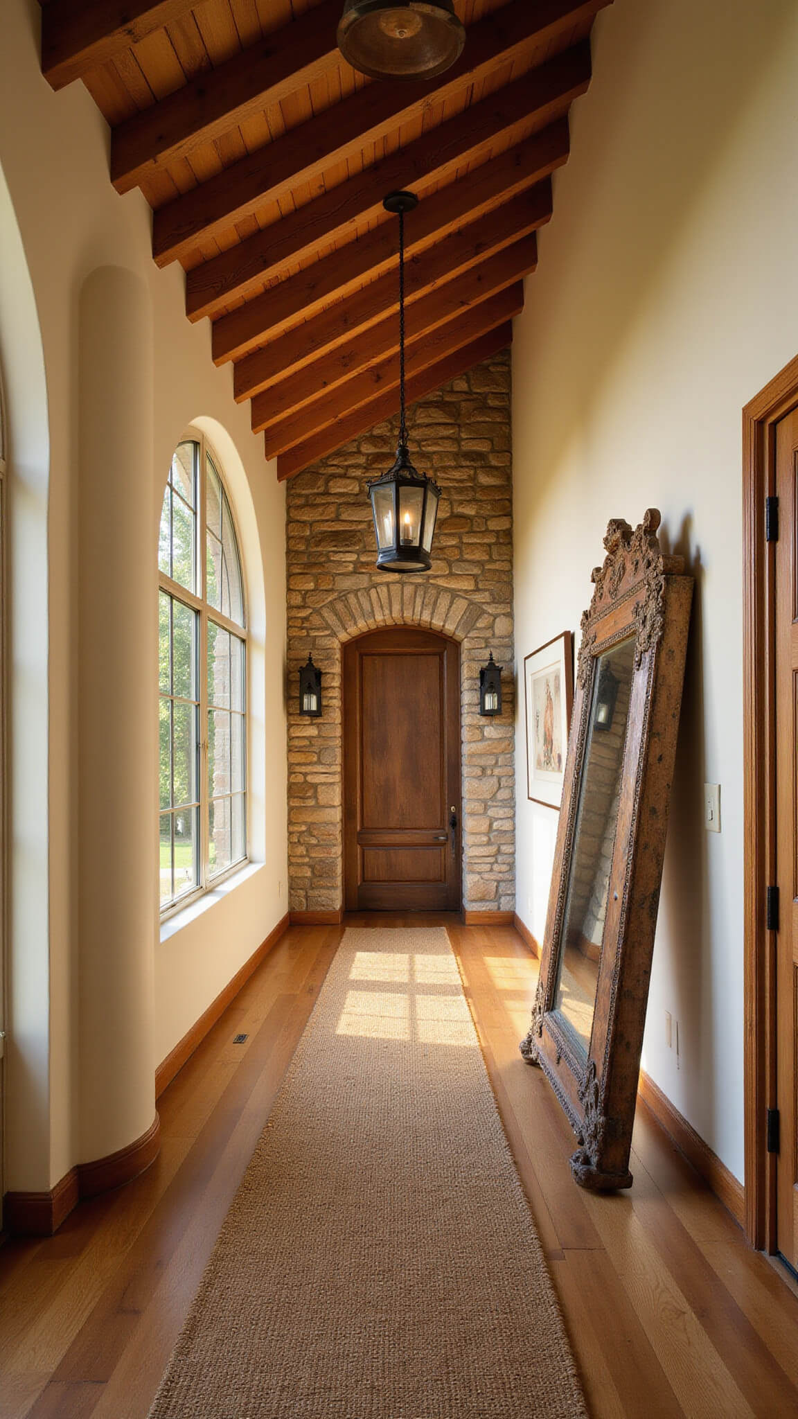 Cathedral ceiling hallway with timber trusses, hickory flooring, stone accent wall with lanterns, antique mirror, and jute runner in golden hour light.