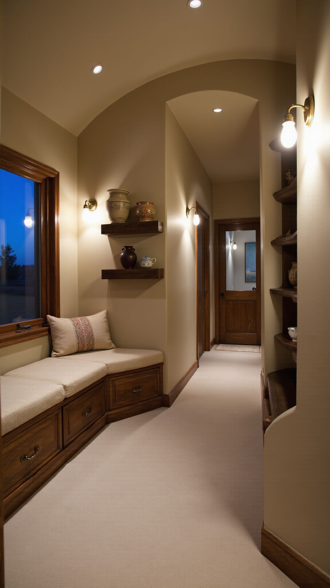 Cozy hallway at dusk with curved plaster walls, antique brass sconces, sisal wallcovering, built-in window seat with grain sack cushion, and reclaimed wood shelves displaying pottery.