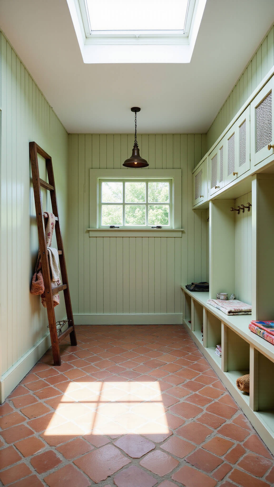 Bird’s eye view of a sunlit mudroom with sage green board-and-batten walls, terracotta herringbone tile floor, custom storage with brass hooks and sliding chicken wire doors, and a vintage ladder used for blanket display.
