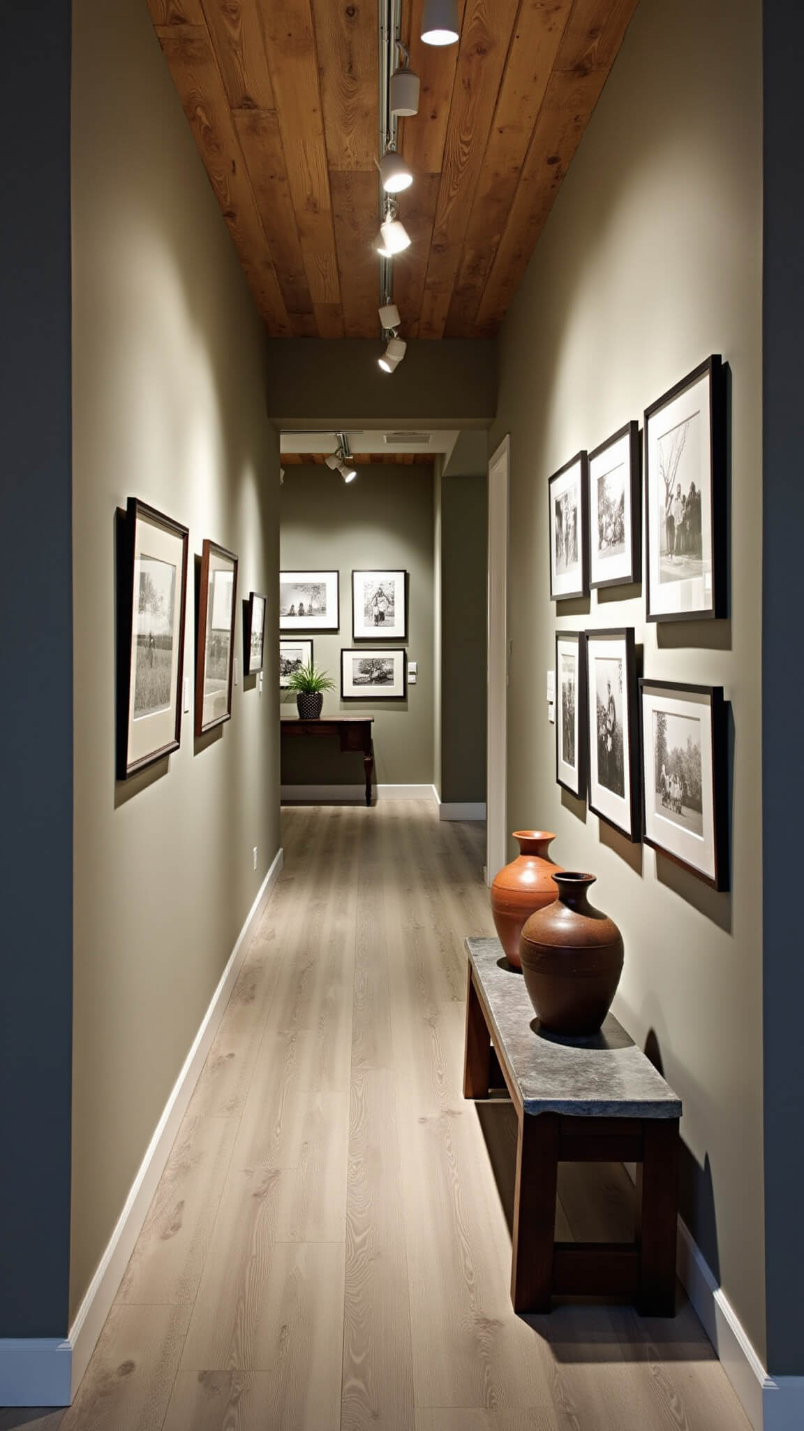 Twilight-lit gallery hallway with cedar plank walls, bleached oak floors, black and white photos in distressed frames, and a primitive bench with earthenware crocks.