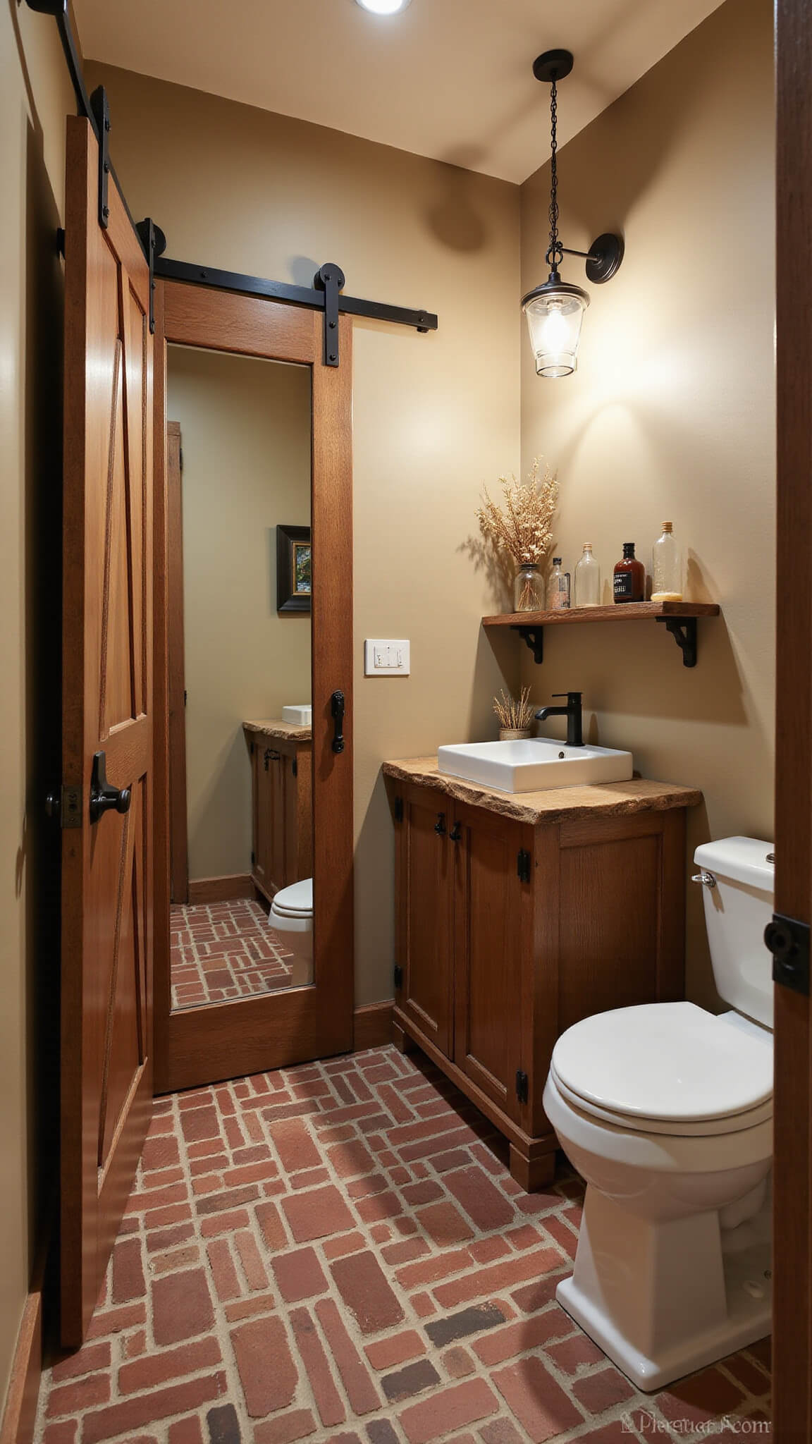 Rustic luxe powder room entrance with herringbone brick floor, antique mirror barn door, iron pendant light, and textured lime wash walls.