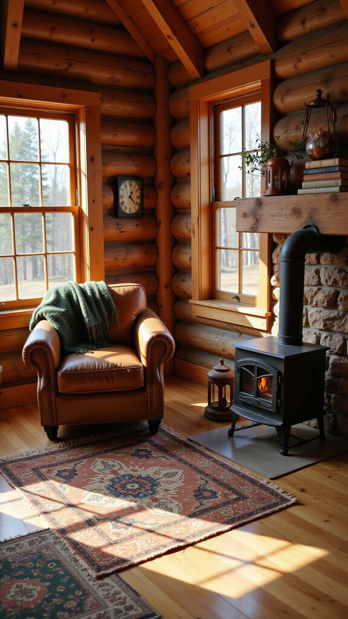 Cozy 12x14ft cabin living room at golden hour with sunlight streaming through west-facing windows, highlighting a leather armchair by a cast iron wood stove on pine floors; features log walls, wool rugs, copper lanterns, books, and forest-toned throw blankets.