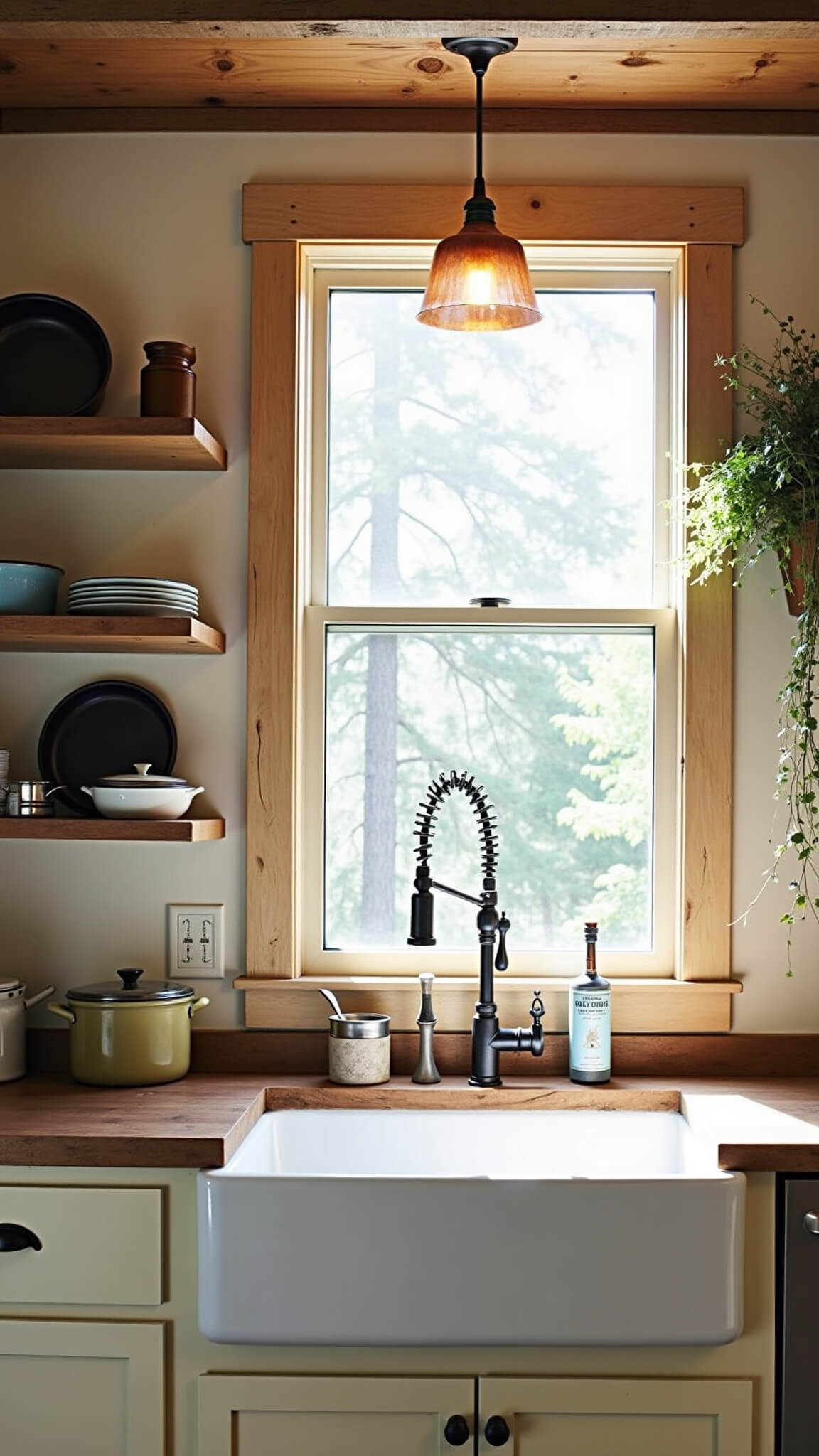 Cozy farmhouse kitchen nook with reclaimed wood shelves, artisanal pottery, vintage enamelware, and a copper pendant light over a sink facing a pine forest.