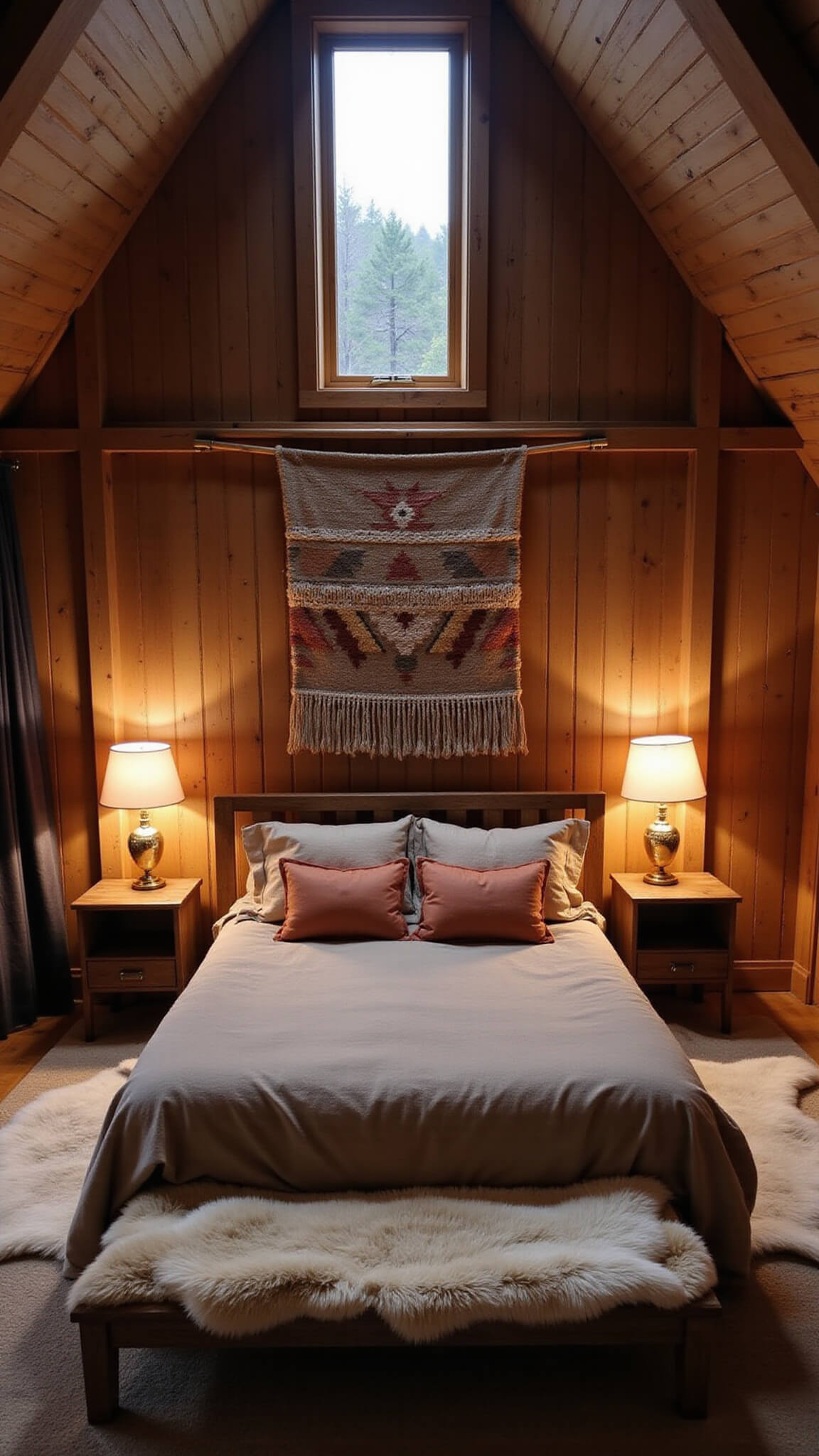 Overhead view of cozy A-frame cabin bedroom at dusk with king bed under skylight, layered linen bedding in oatmeal and clay, sheepskin rugs, raw wood nightstands with brass lamps, and muted geometric wall hanging.