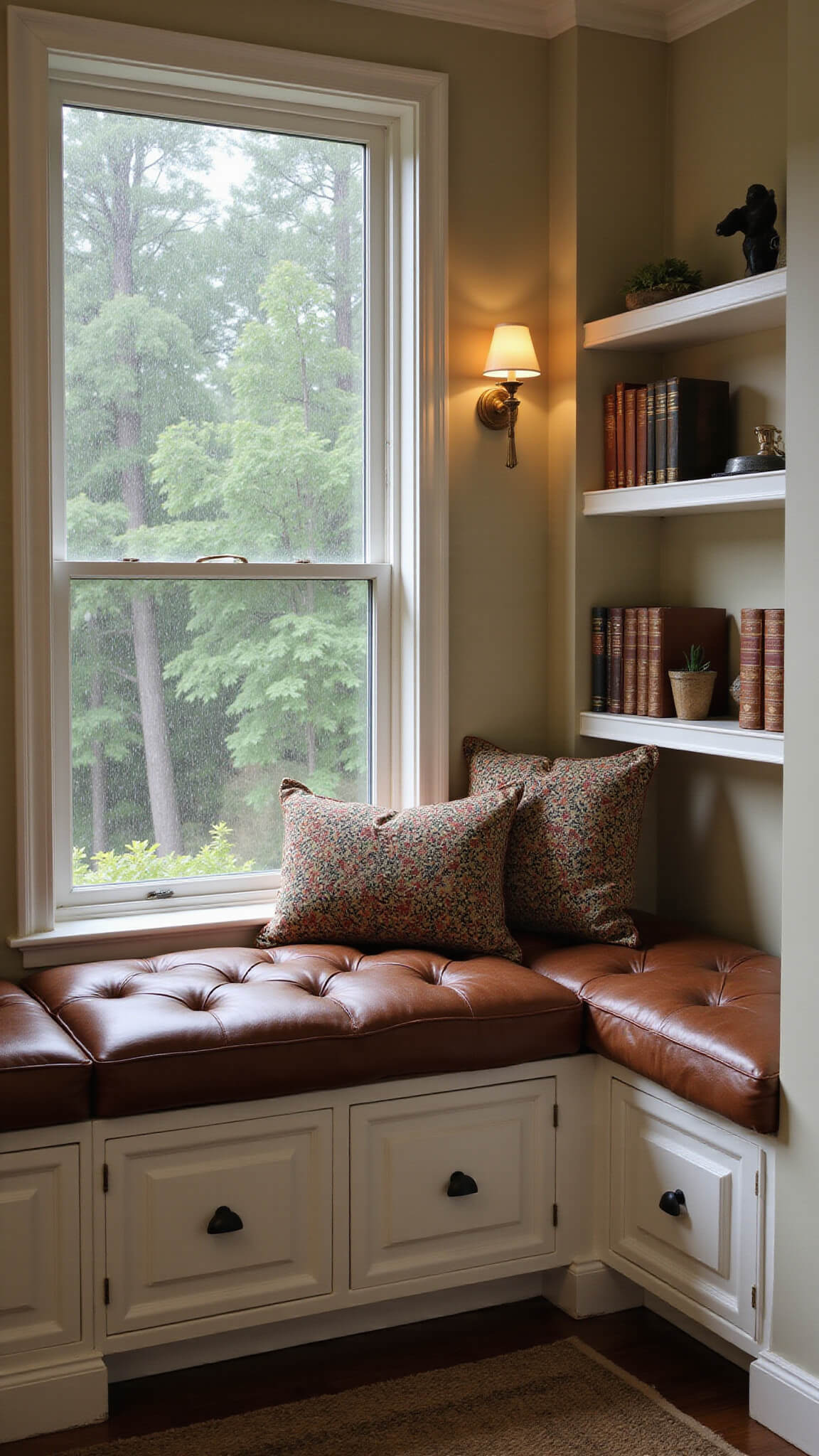 Cozy reading nook with tufted leather window seat, tribal pillows, and nature-themed decor, framed by rain-streaked windows overlooking a misty forest.