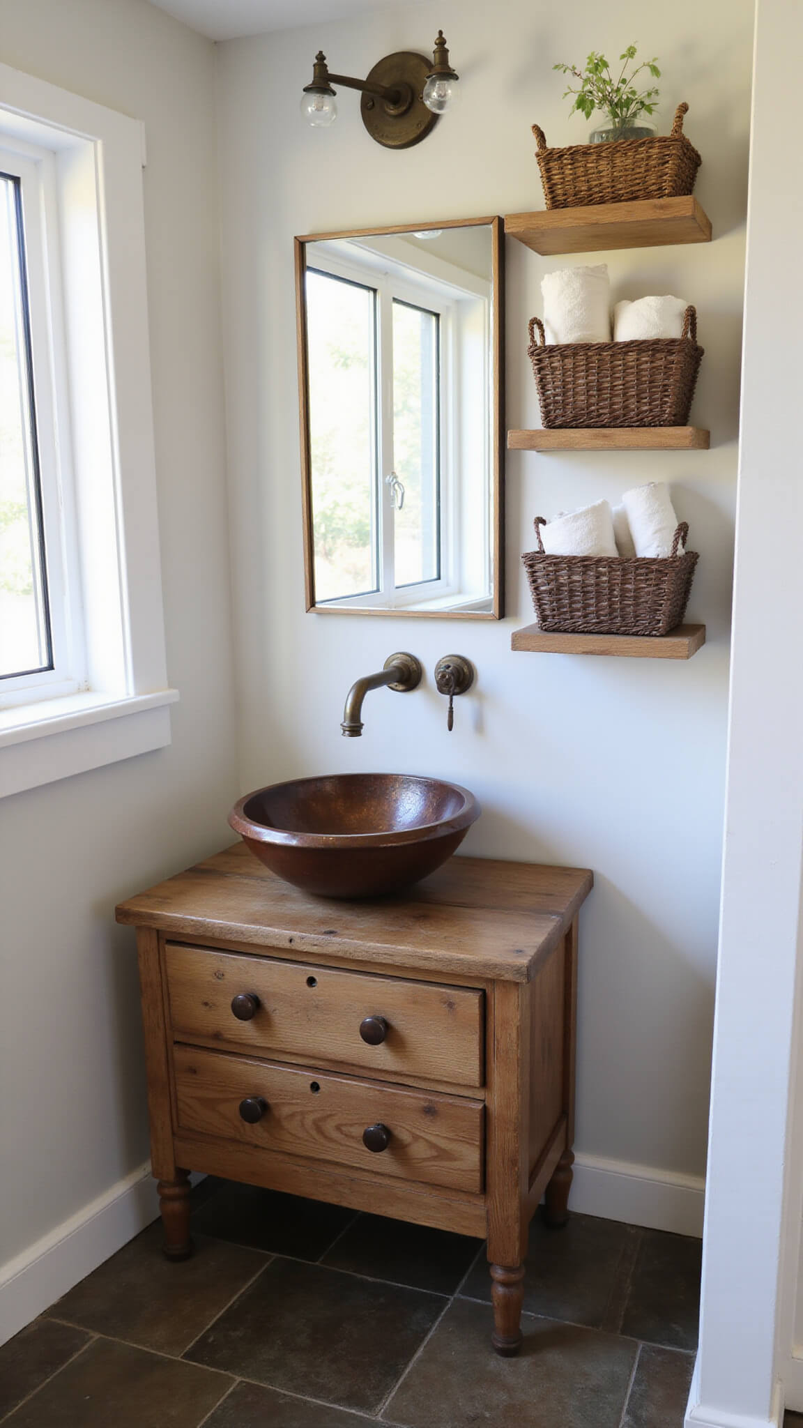 Morning-lit bathroom with reclaimed wood vanity, copper vessel sink, brass faucet, vintage mirror, open shelves with linens and botanicals, and slate tile flooring.