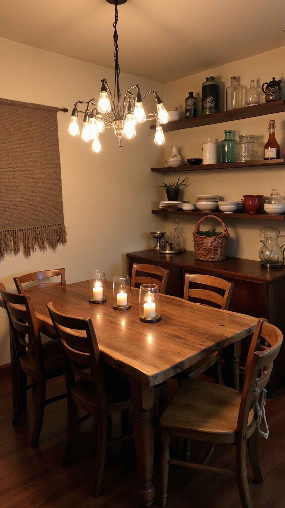 Candlelit dining area with live-edge walnut table, vintage wooden chairs, Edison bulb lighting, open shelves with ceramics, and textured wall hanging.