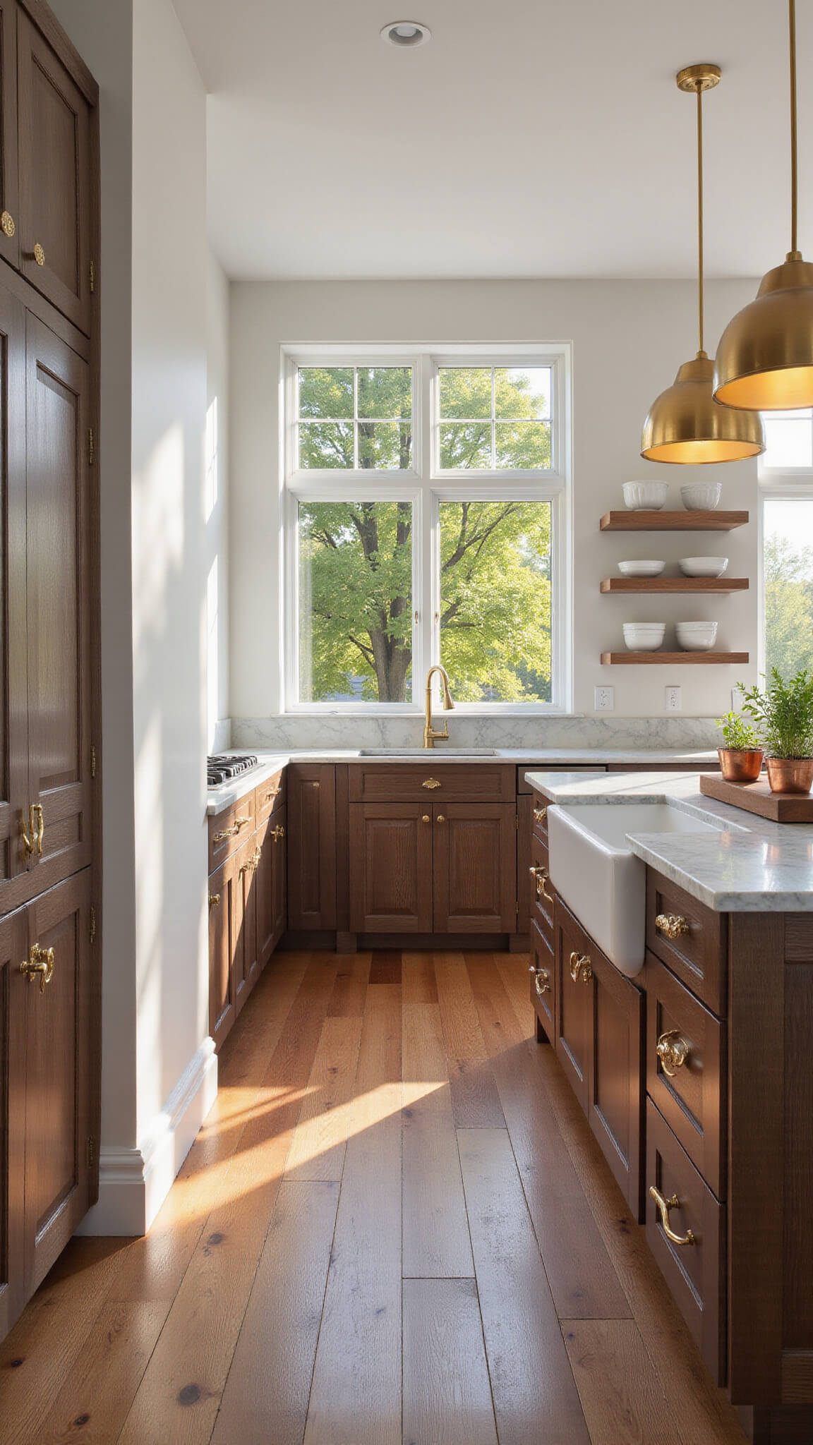 Elegant dark oak kitchen with floor-to-ceiling cabinets, Calacatta marble waterfall island, white oak flooring, brass accents, and golden hour lighting.