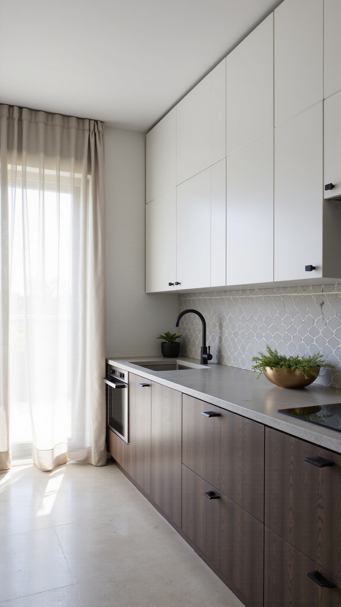 Modern minimalist kitchen with dark oak lower cabinets, white upper cabinets, concrete countertops, and geometric tile backsplash in soft morning light.