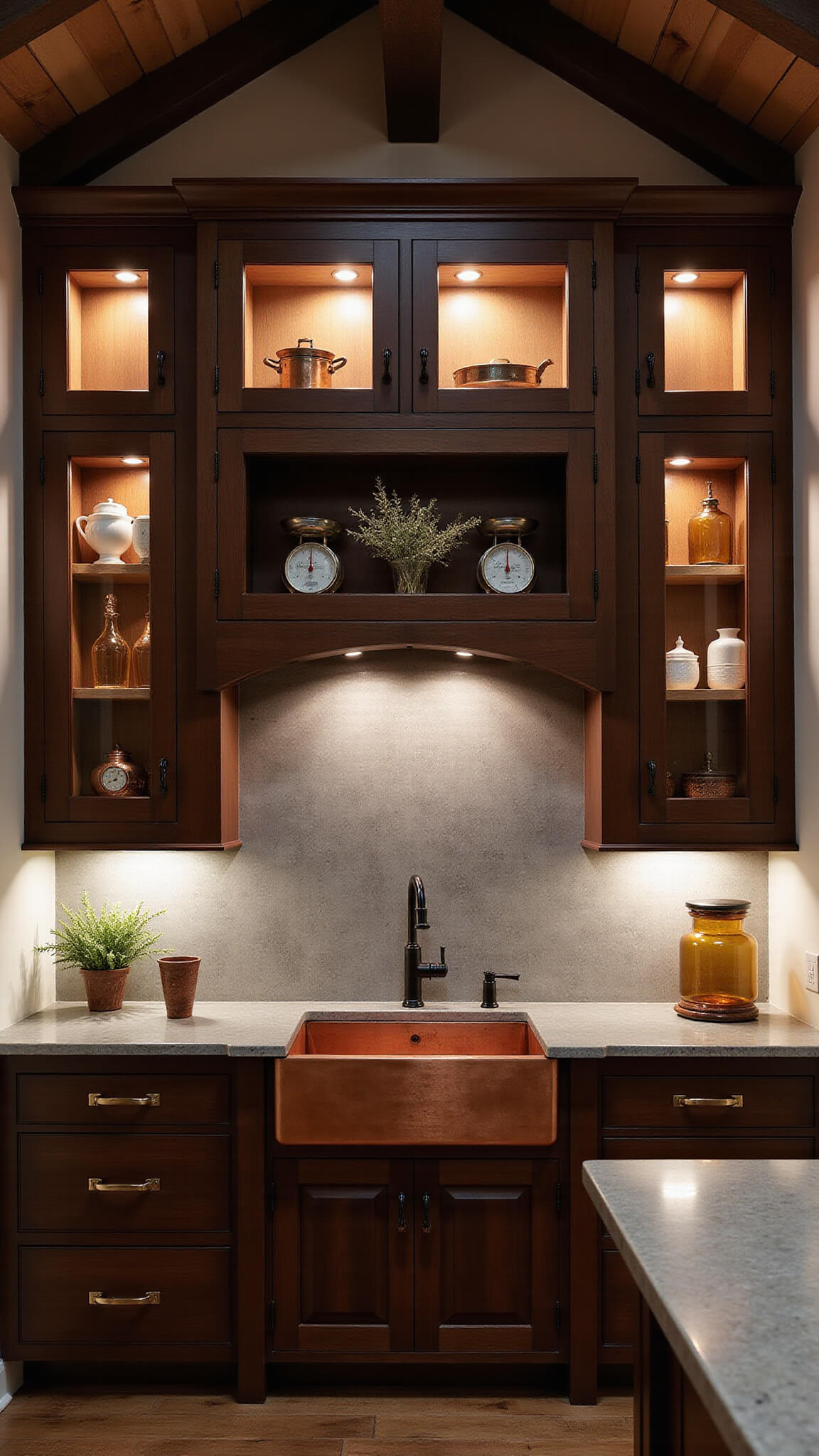 Rustic luxe kitchen with vaulted ceilings, dark oak cabinets, copper farmhouse sink, and moody dusk lighting.