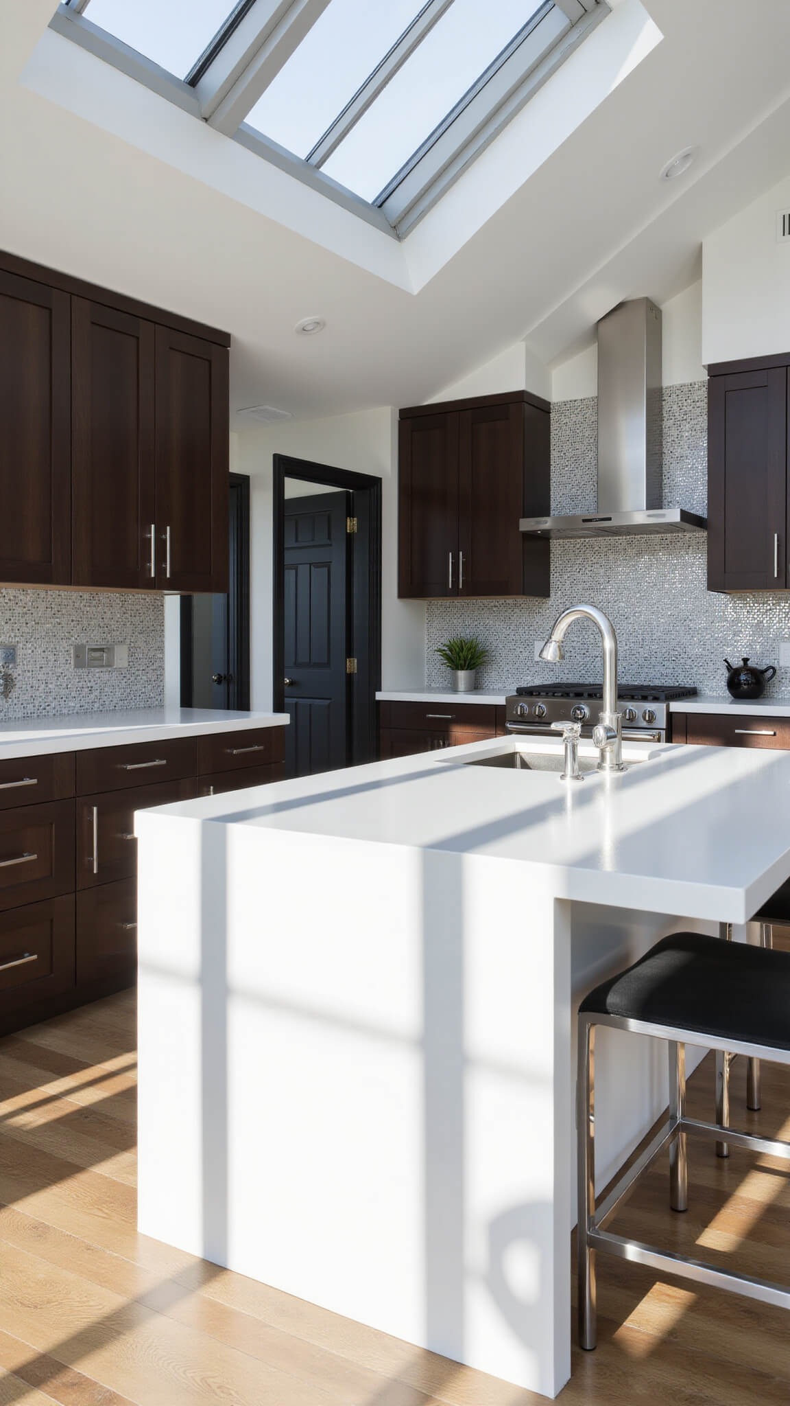 Open-concept kitchen with dark oak cabinets, bright white island, and metallic accents under natural skylight.