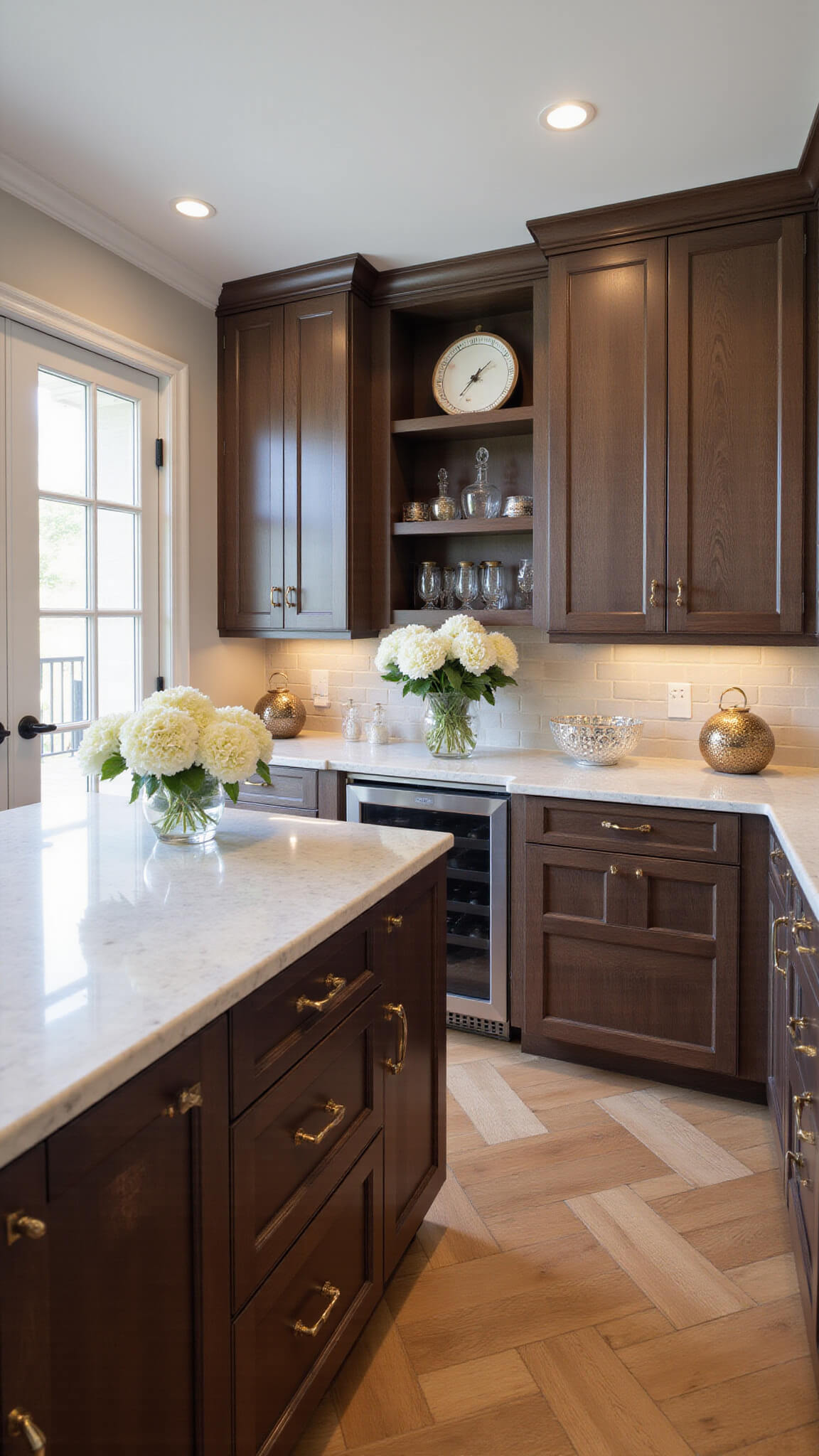 Elegant transitional L-shaped kitchen with dark oak cabinets, marble island, herringbone floors, and built-in wine storage, lit by late morning sunlight through French doors.