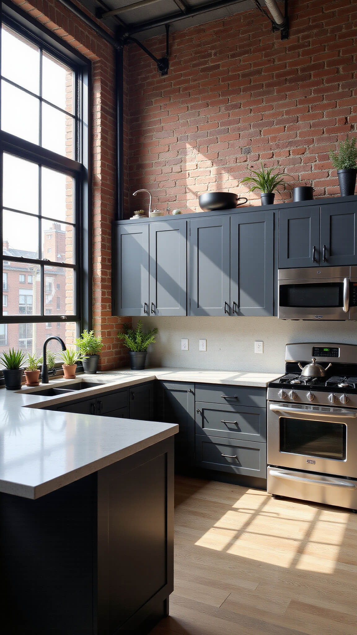 Loft-style kitchen with exposed brick walls, tall dark oak cabinets, steel-framed windows, and industrial decor in dramatic afternoon light.