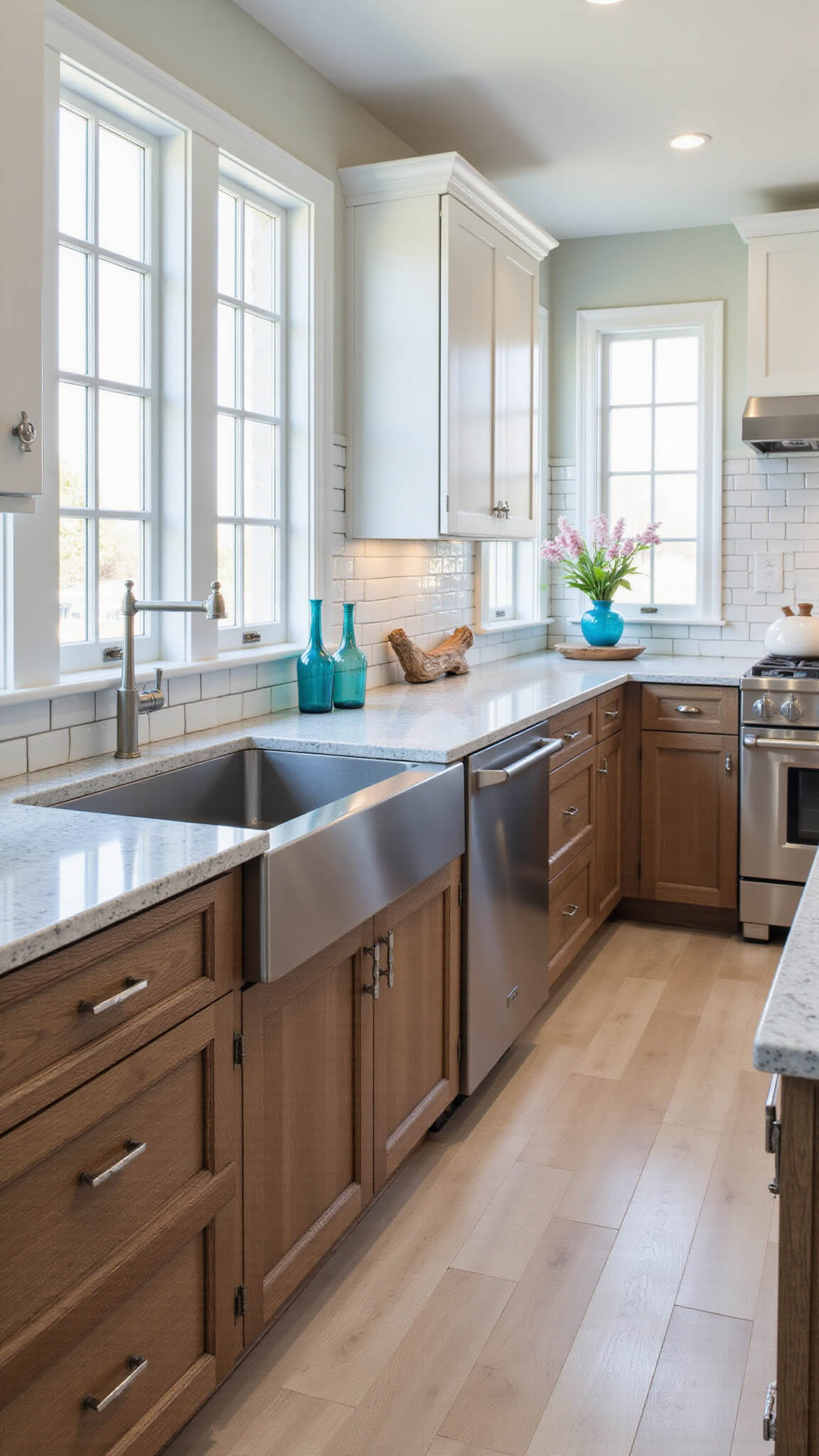 Coastal contemporary kitchen with dark oak lower cabinets, white uppers to 9ft ceiling, sea glass quartzite countertops, subway tile backsplash, and beach-inspired decor in natural light.