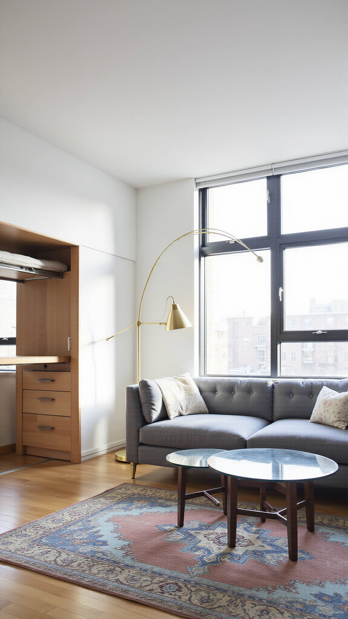 Contemporary studio apartment with modular gray sectional, closed murphy bed with built-in desk, glass coffee table, Persian-style rugs, and floor-to-ceiling windows letting in morning sunlight.