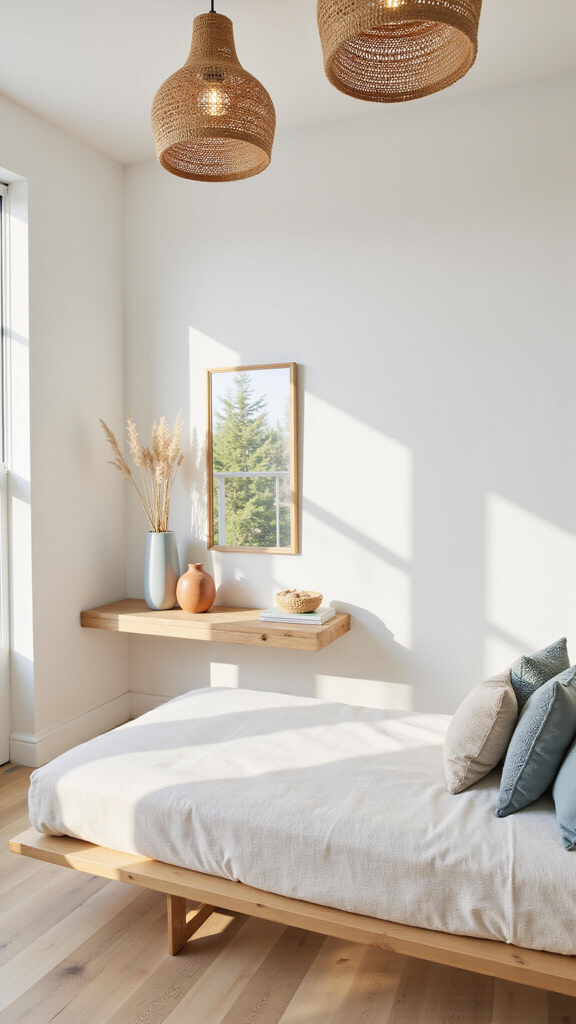 Minimalist coastal studio with high ceilings, cream linen daybed, sea-glass cushions, rattan pendant lights, floating desk, and warm golden hour lighting.