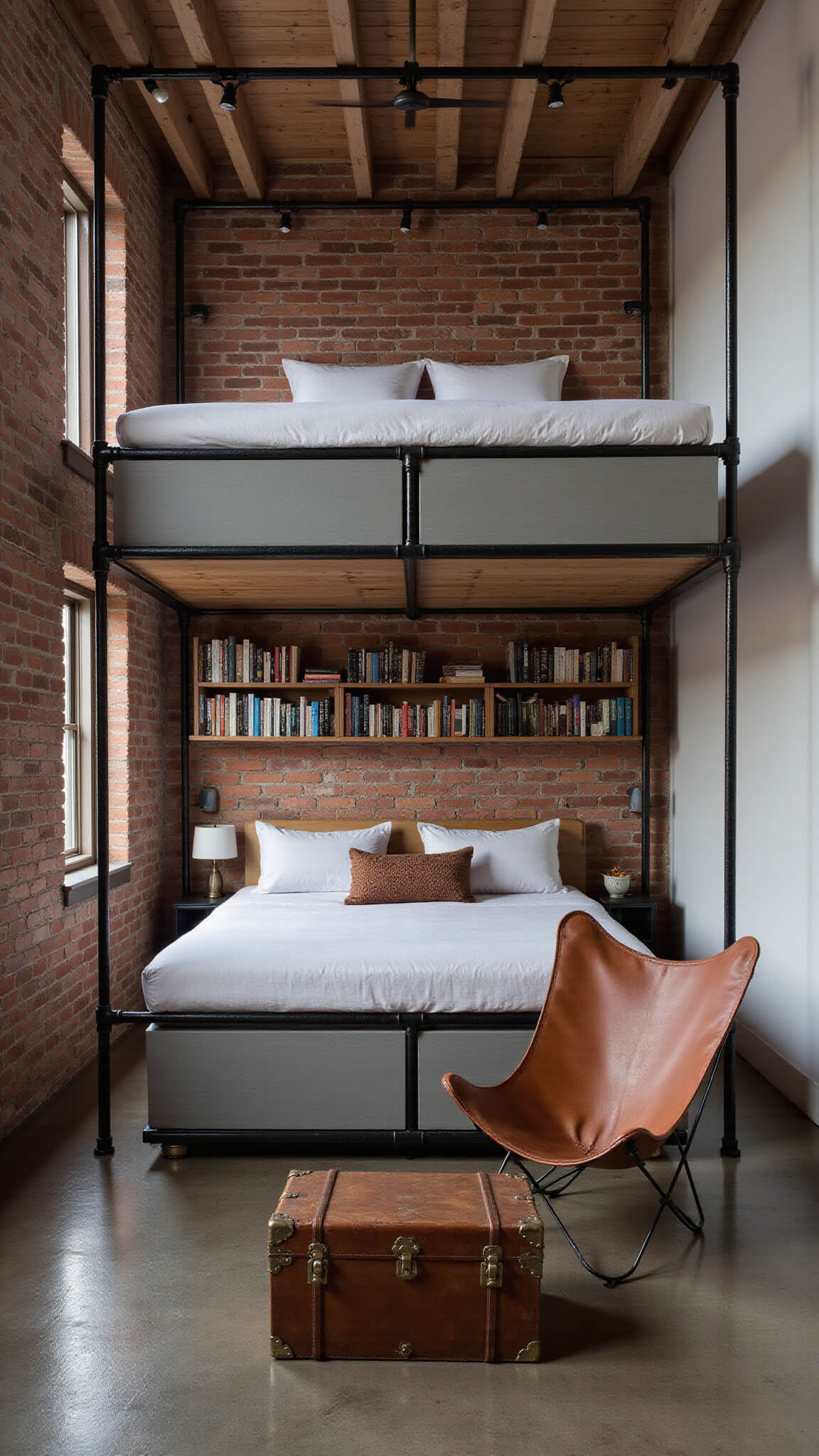 Elevated view of a 275 sq ft industrial chic studio with exposed brick, concrete floors, platform bed with storage, pipe shelving, leather butterfly chair, and vintage trunk coffee table in moody lighting.