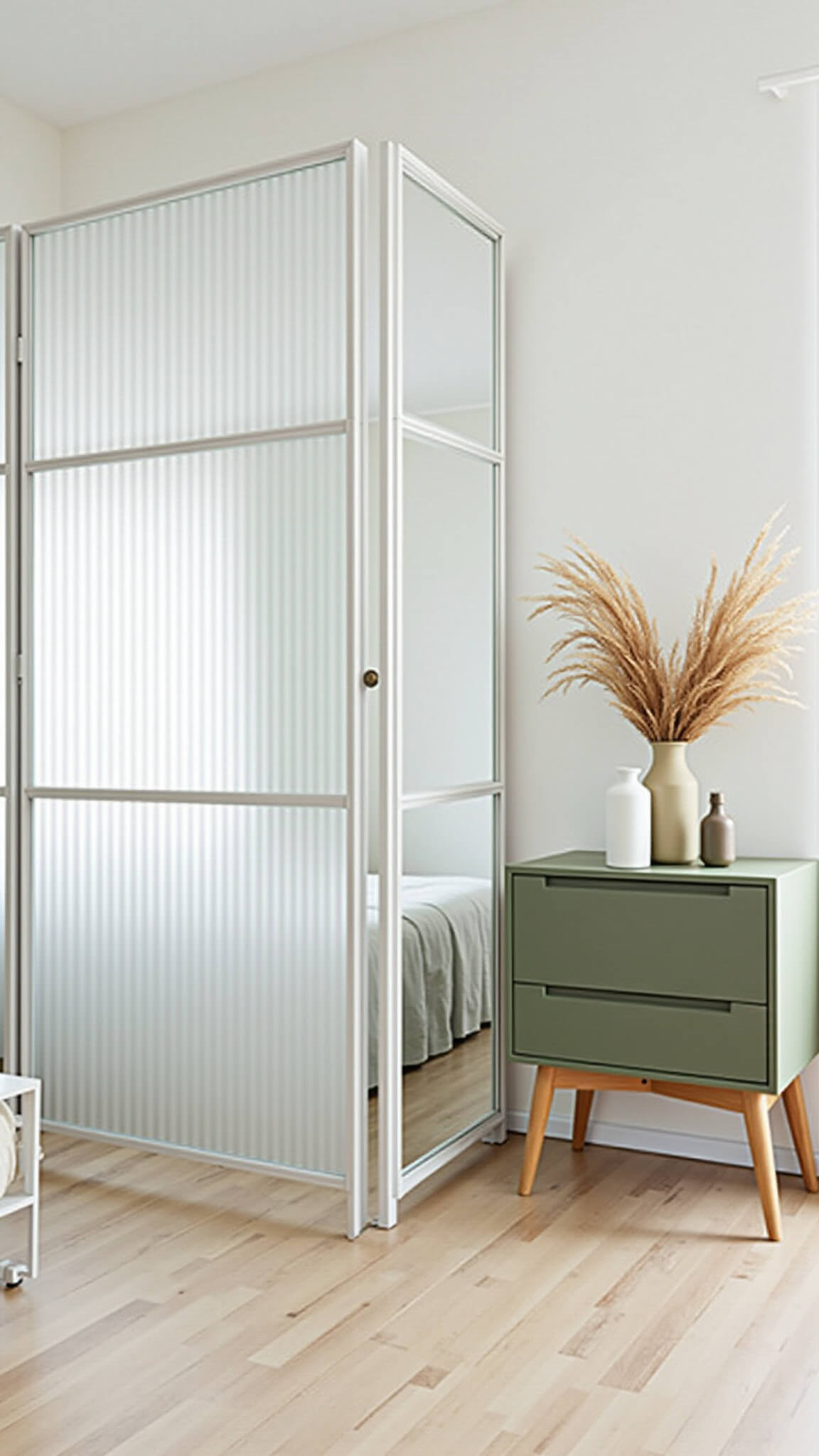 Bright Scandinavian studio with white walls, pale wood floors, and minimalist sage green furniture; frosted glass room divider and large mirrors enhance space and light.