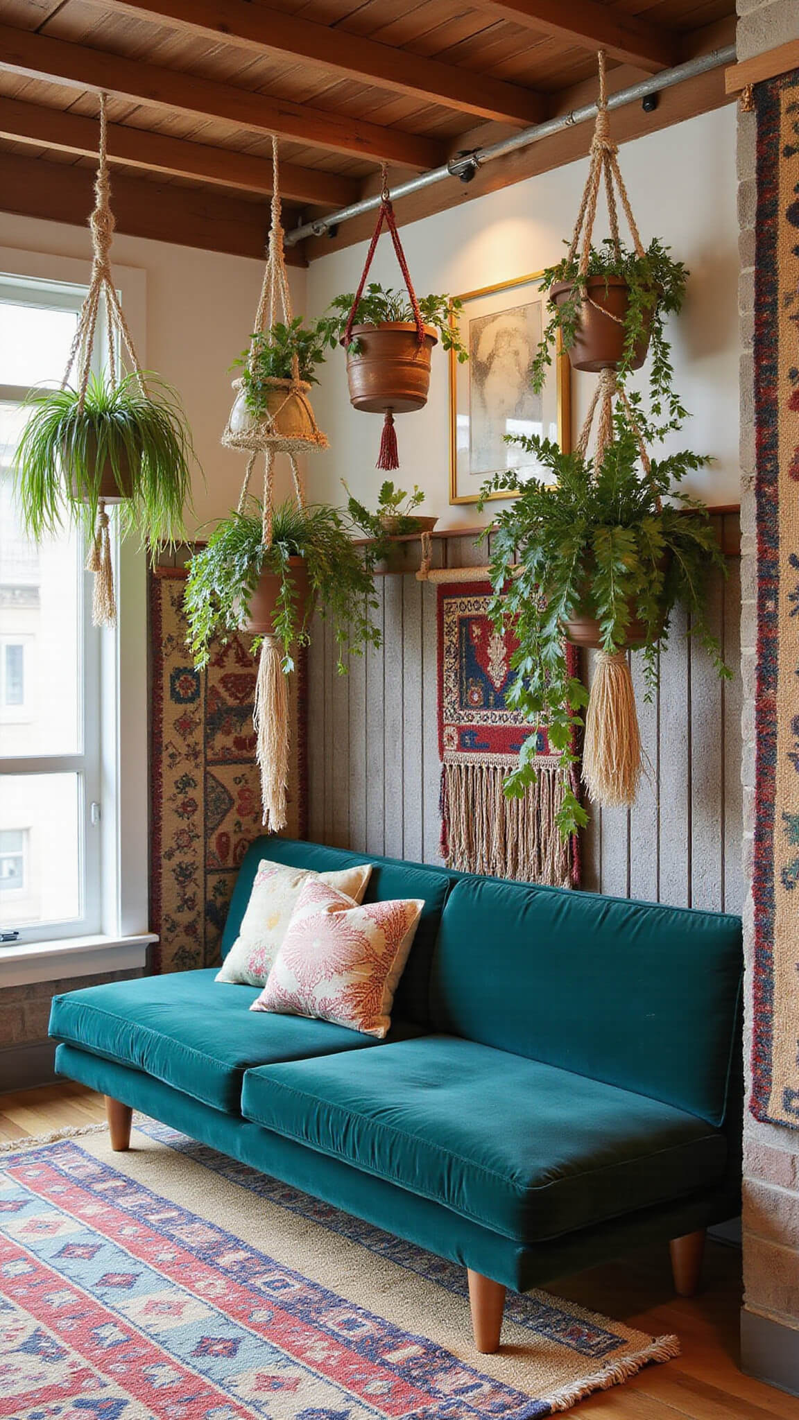 Cozy 325 sq ft bohemian studio with emerald velvet sofa bed, layered kilim rugs, hanging plants, and warm brass and copper accents in late morning light.