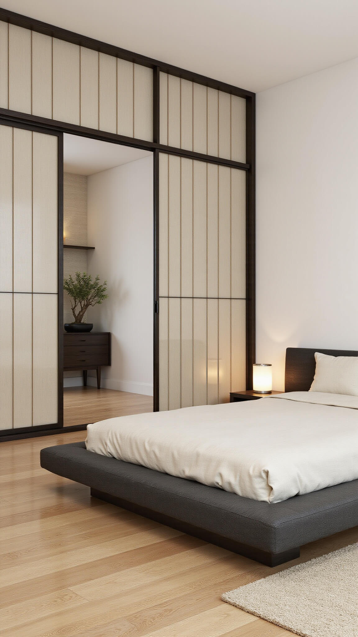 Minimalist 450 sq ft modern Zen studio with platform bed, bamboo floors, shoji screen divider, low-profile furniture, bonsai, and soft natural light.