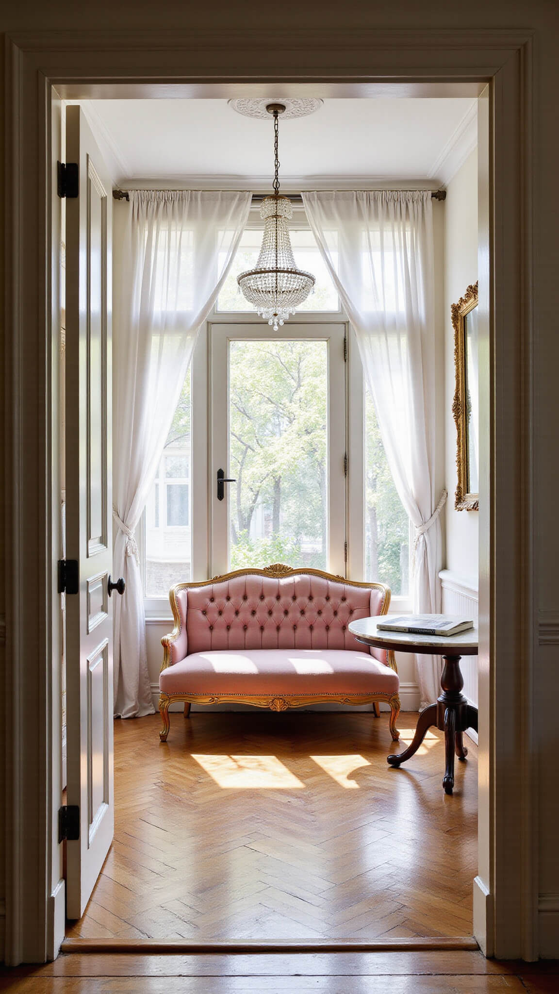 Parisian petit studio with blush pink tufted sofa, herringbone floors, ornate moldings, crystal chandelier, and morning light streaming through tall windows.
