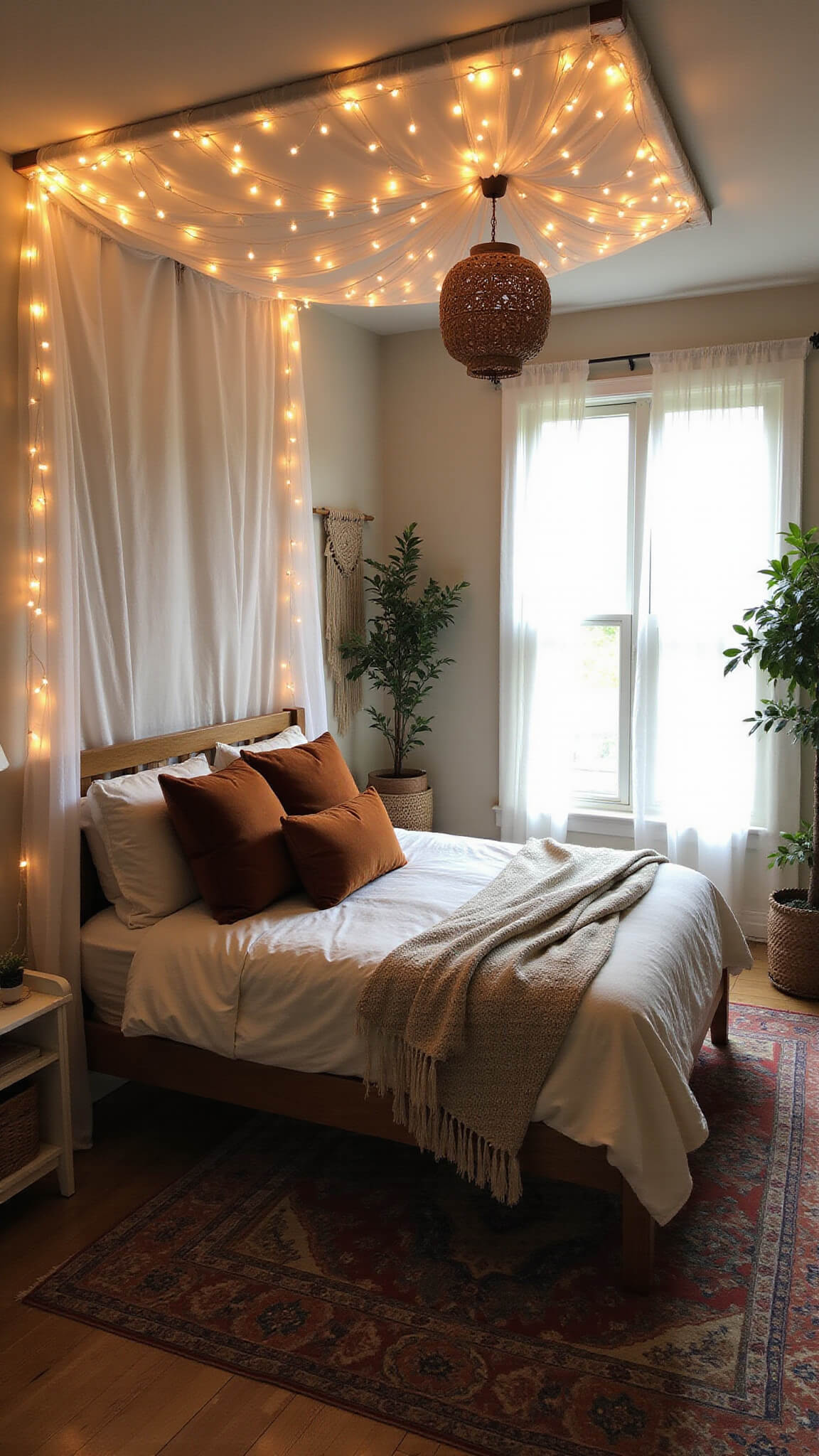 Boho bedroom at golden hour with canopy and fairy lights, king bed with layered textiles, rattan lamp, macrame wall art, monstera plant, and vintage Persian rug.