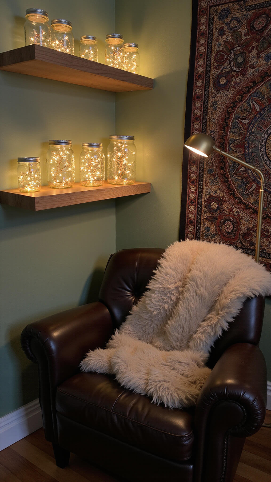 Cozy corner nook at dusk with floating shelves holding lit mason jars, mandala tapestry on sage green wall, leather chair with sheepskin, and brass floor lamp in soft focus glow.