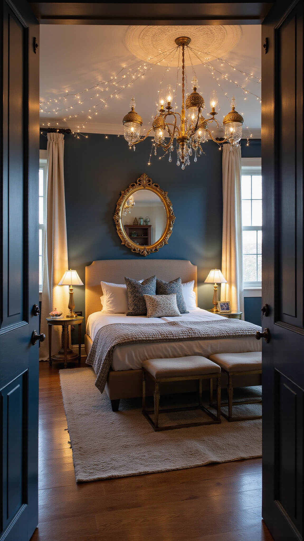 Wide-angle view of a cozy 15x18ft bedroom at twilight with a vintage gold oval mirror on an indigo accent wall, surrounded by fairy lights, reflecting warm light; cream linen curtains, brass side tables, and Moroccan lanterns casting intricate shadows.