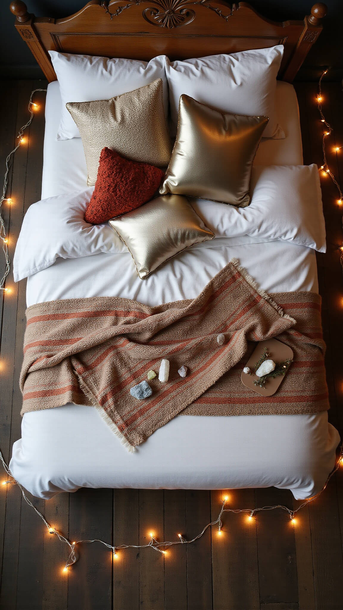Overhead view of bohemian bed with white sheets, mudcloth throw, metallic pillows, fairy lights, and crystal accents on dark wood floor.