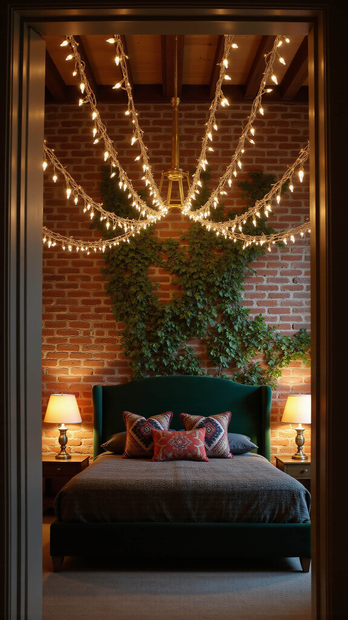 Nighttime master bedroom with Edison fairy lights canopy, emerald velvet headboard, brass accents, vintage kilim pillows, and ivy-covered exposed brick wall.