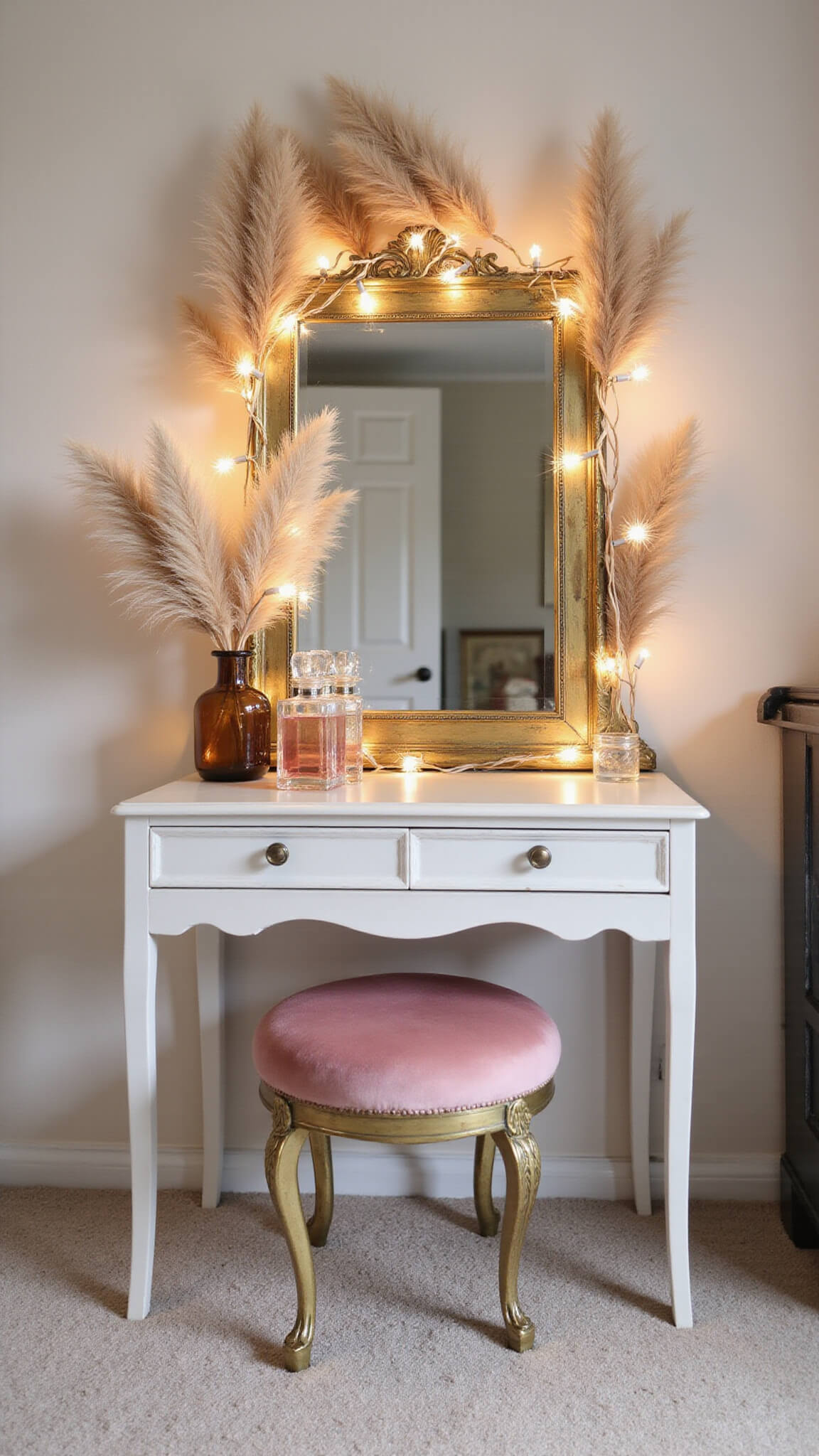 Vintage vanity in morning light with fairy lights, pampas grass, blush velvet stool, and crystal perfume bottles.