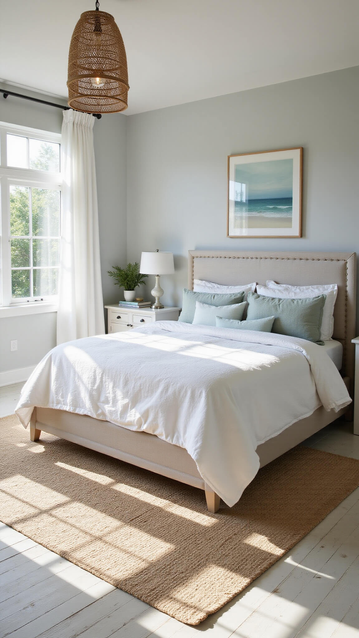 Coastal bedroom with king bed, seafoam pillows, floor-to-ceiling windows, sheer curtains, rattan pendant light, and jute rug on whitewashed oak floors.